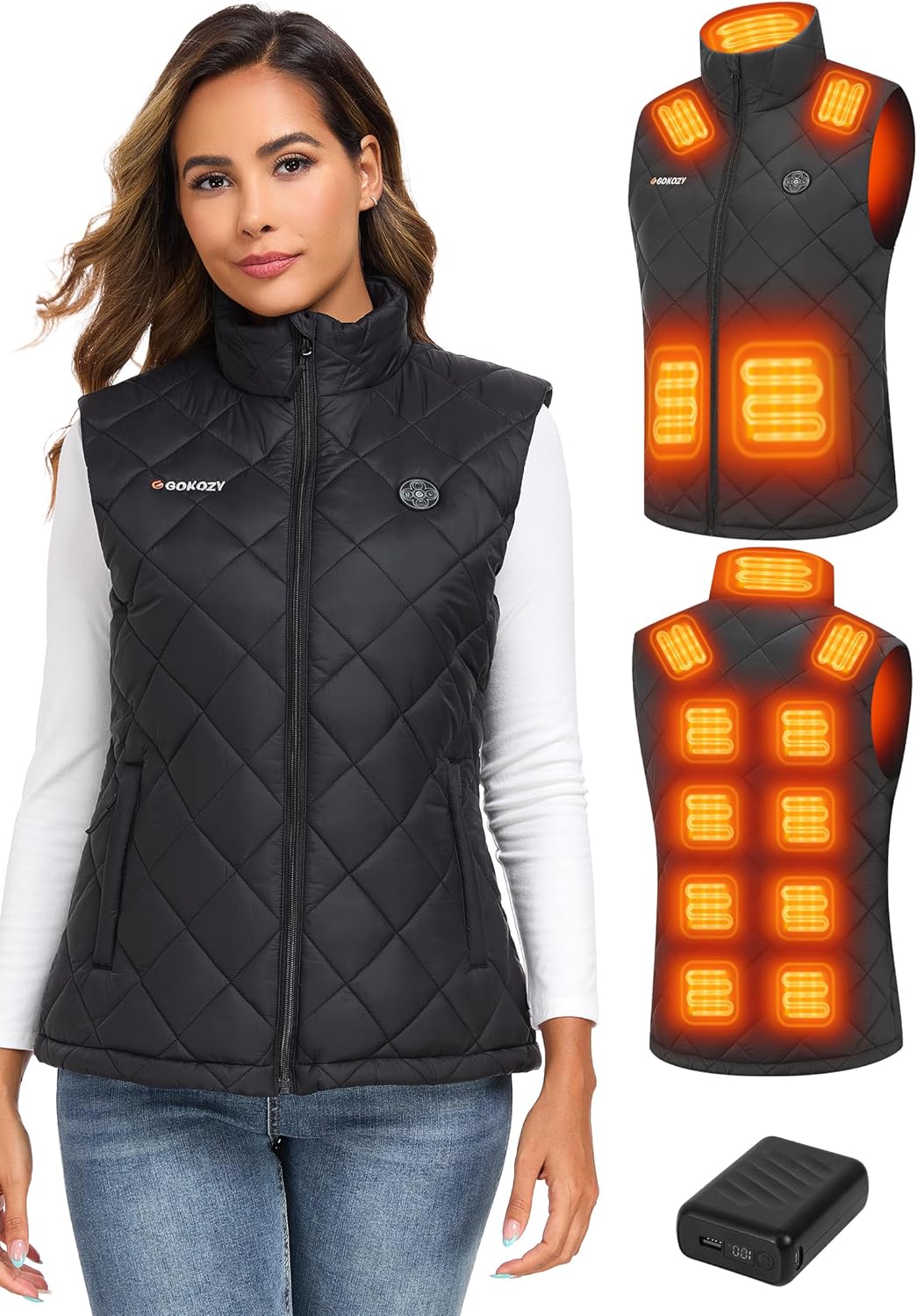 Gokozy Heated Vest for Women with 15 Heating Zones,20000mah 12V Battery Pack Lightweight Down Alternative, 3 Heat Levels