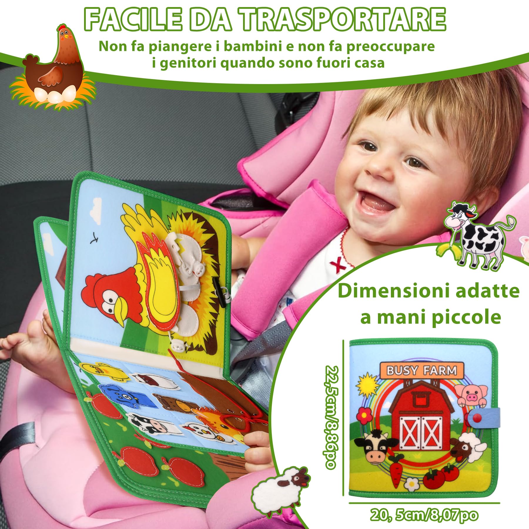 Busy Board Libro Montessori Interattivo 1 Anno, 18 in 1 Busy Farm Quiet Book Montessori Sensoriale Educativo Giochi per Bambini di 1 2 3 4 Anni, Giocattoli da Viaggio per Bambini Piccoli