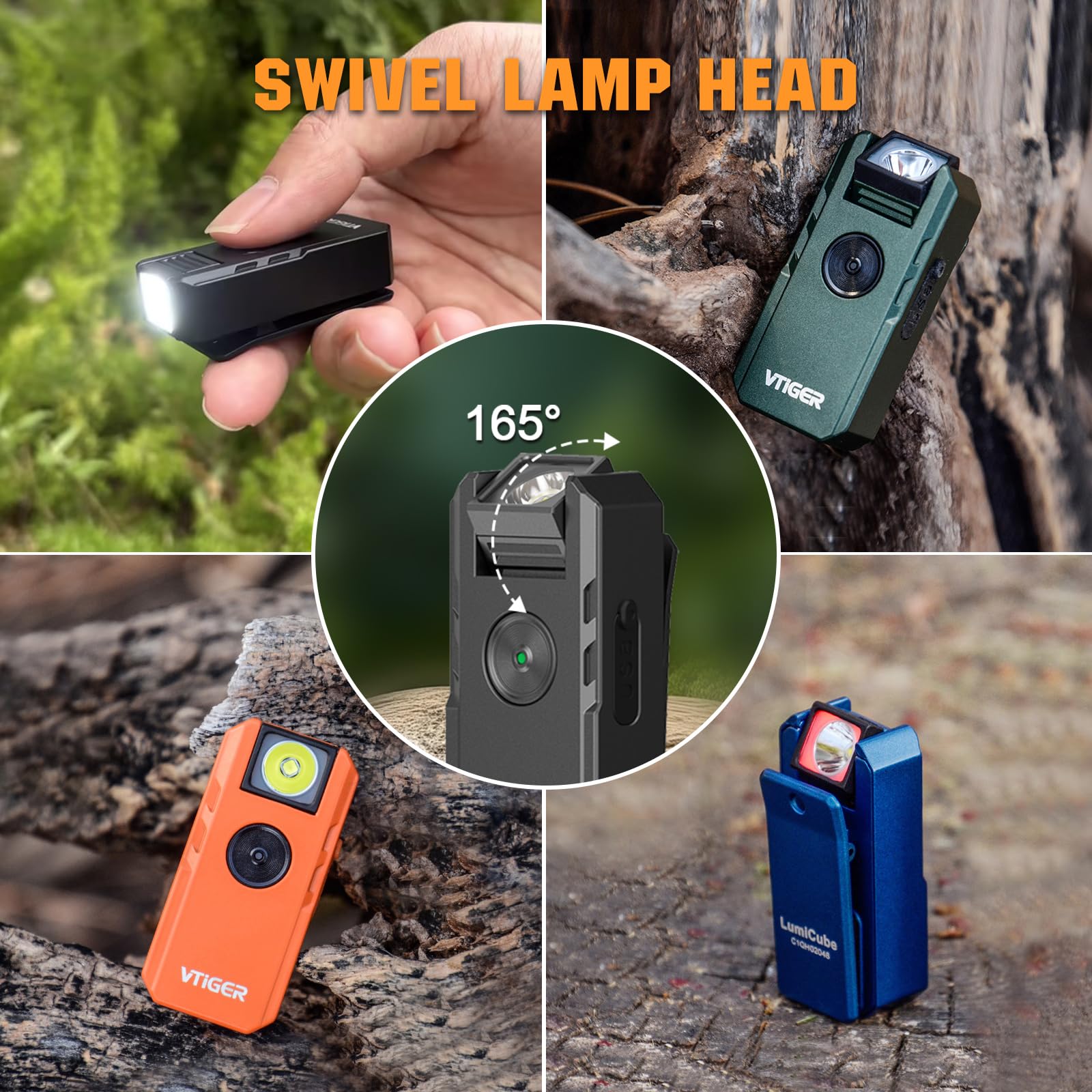 VTIGER Lampe torche EDC rechargeable C1 à clipser, 1300 lumens, puissante et portable, mini lampe à clip pivotant, multi-mode, étanche IPX6, petite lampe de poche magnétique pour cyclisme, travail
