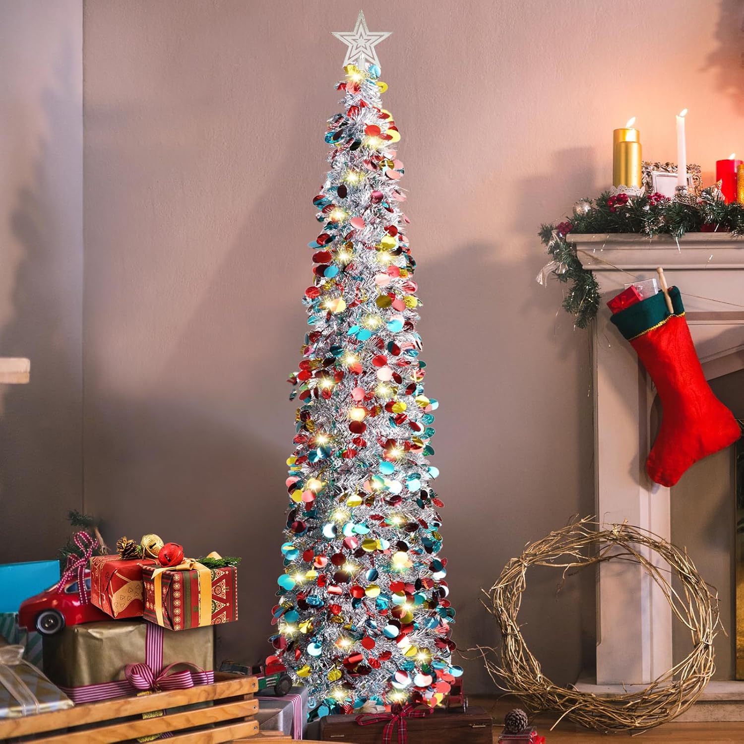 5FT Pop Up Christmas Tinsel Tree with 8 Rmote Lights Modes - Collapsible Colorful Sequin Artificial Christmas Pencil Trees Decorations for Home Apartment Party Fireplace Indoor Outdoor