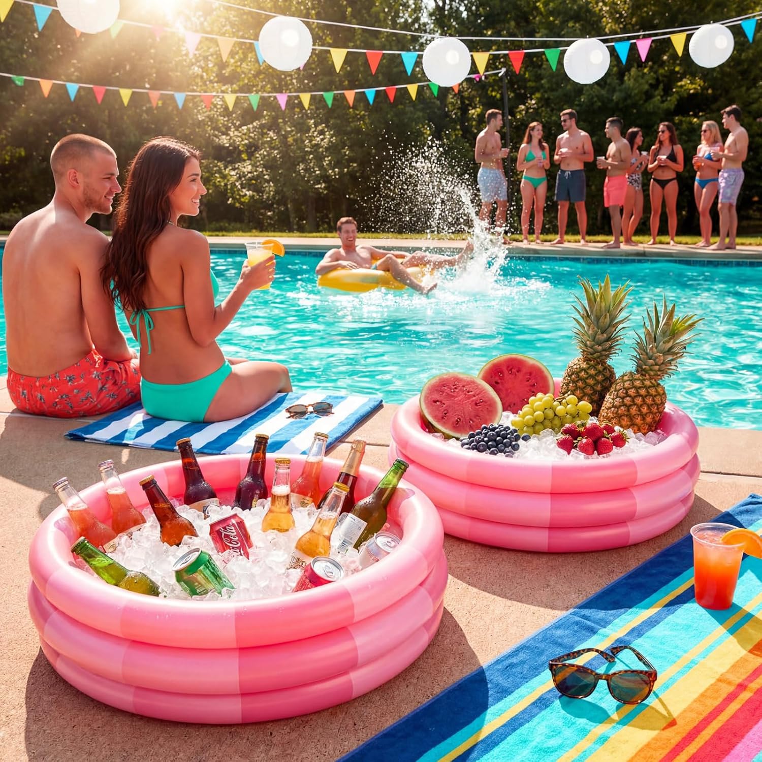 VioraWhite 4 Pack Inflatable Kiddie Pool for Toddlers 34"x10" Pink Stripe Blow up Kids Swimming Pool Small 3 Rings Round Baby Pools for Indoor Outdoor Water Game Play Center