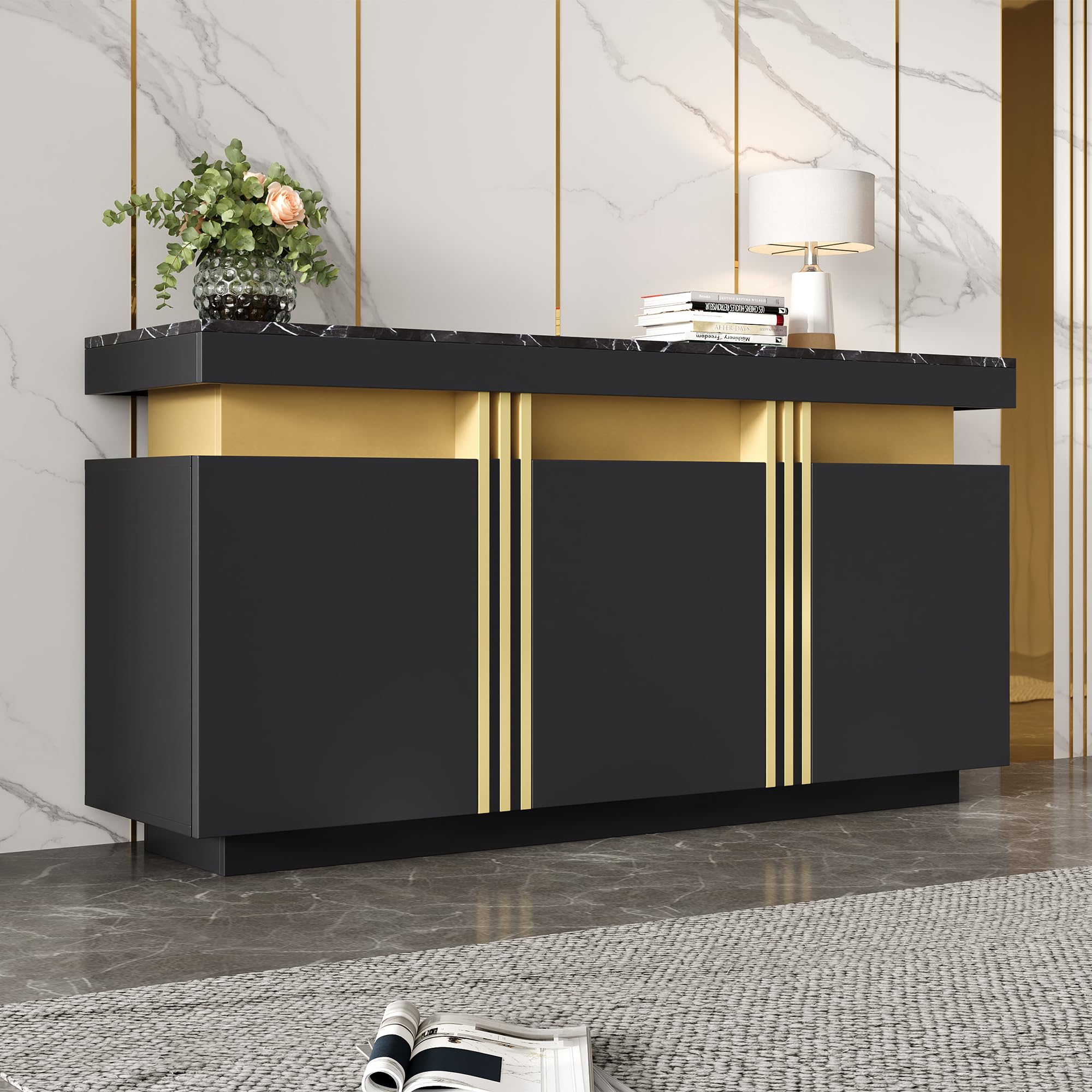 Merax Sideboard, Küchenschrank, Aufbewahrungsschrank mit 3 Türen, Moderne Buffetschrank mit Arbeitsplatte, Verstellbares Regal, Esszimmerschrank für Wohnzimmer, Esszimmer, Flur, Marmoroptik, Schwarz