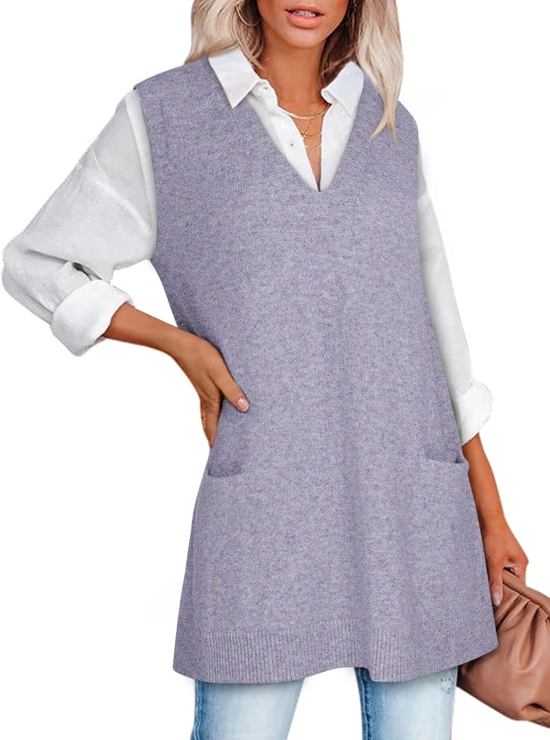 Sweater Vest Women Sleeveless V Neck Knit Top with Pockets
