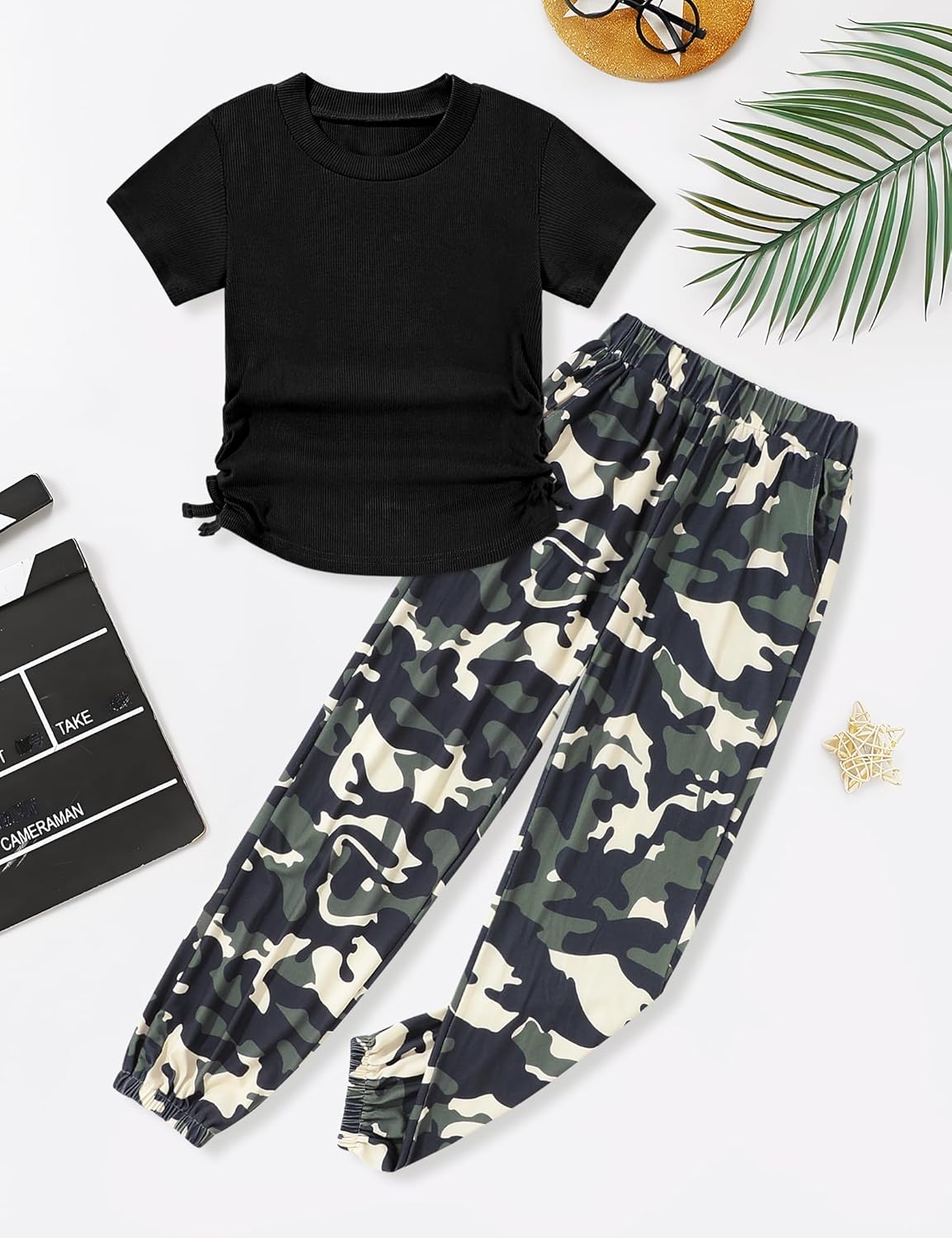 Crazyme Girls Clothes Ruched Drawstring Short Sleeve Knit Top and Camo Print Pants 2 Piece Girls Outfits 7-14 Years - Image 4