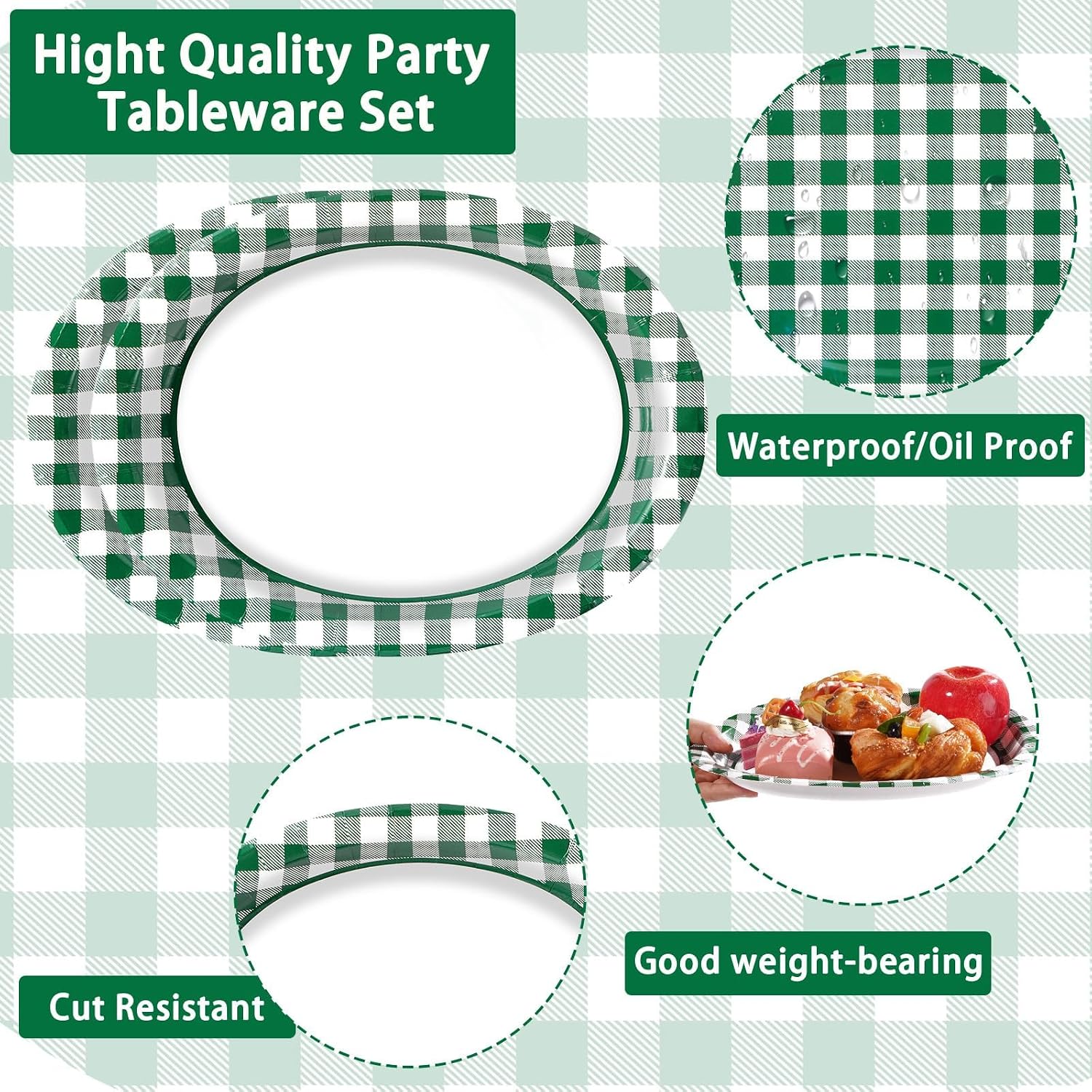 50Pcs Camp Bachelorette Oval Paper Plates 10" x 12" Large Disposable Heavy Duty Green White Gingham Checked Buffalo Plaid Dessert Platters Plates for Spring Camping Birthday Picnic BBQ Party Supplies