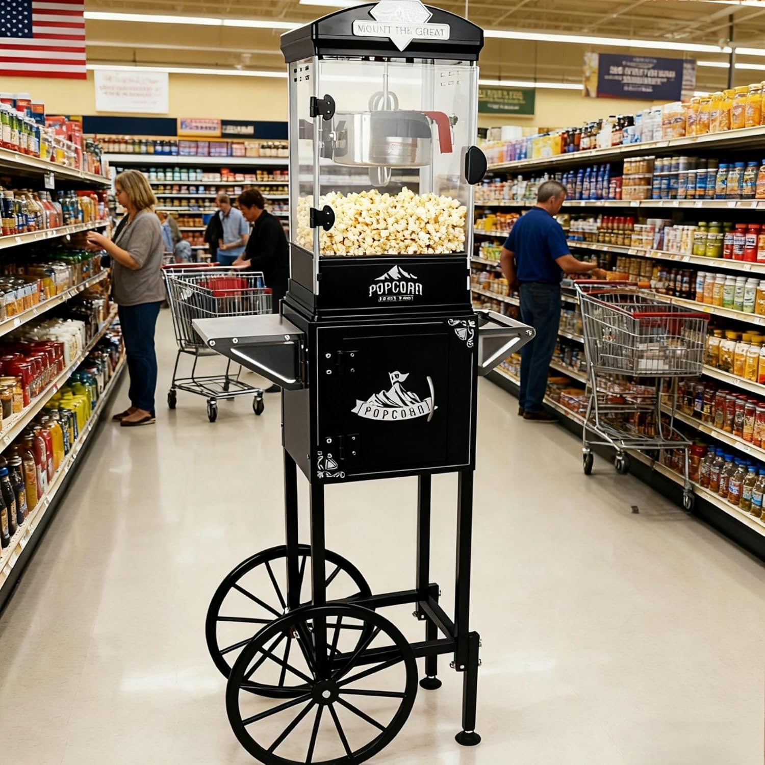 Popcorn Machine with Cart, 10oz Stainless Steel Kettle, Vintage Movie Theater Style Popcorn Maker Machine for Parties, Events, Home Use, Black