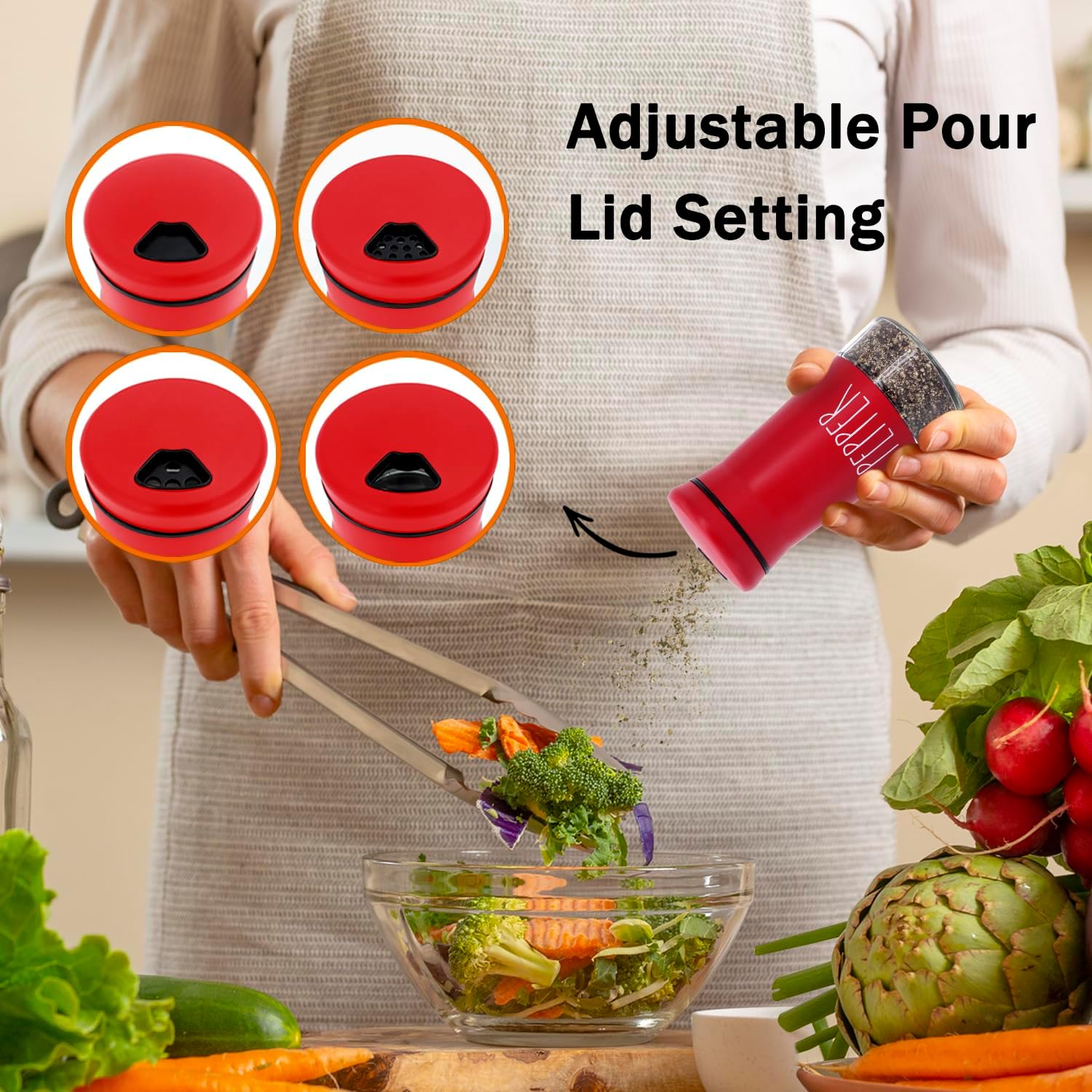 Red Salt and Pepper Shakers with Adjustable Pour Holes, Refillable Salt Shaker by Aelga, Ideal for Himalayan, Kosher, Black and White Pepper, Red Kitchen Accessories