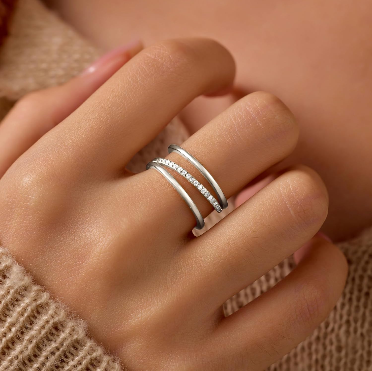 Dainty 14K Gold Plated Stackable Rings for Women Non Tarnish 925 Sterling Silver 3 Layered Cubic Zirconia Ring Open Adjustable Rings Trendy Eternity Engagement Band Ring Graduation Wedding Jewelry Gifts