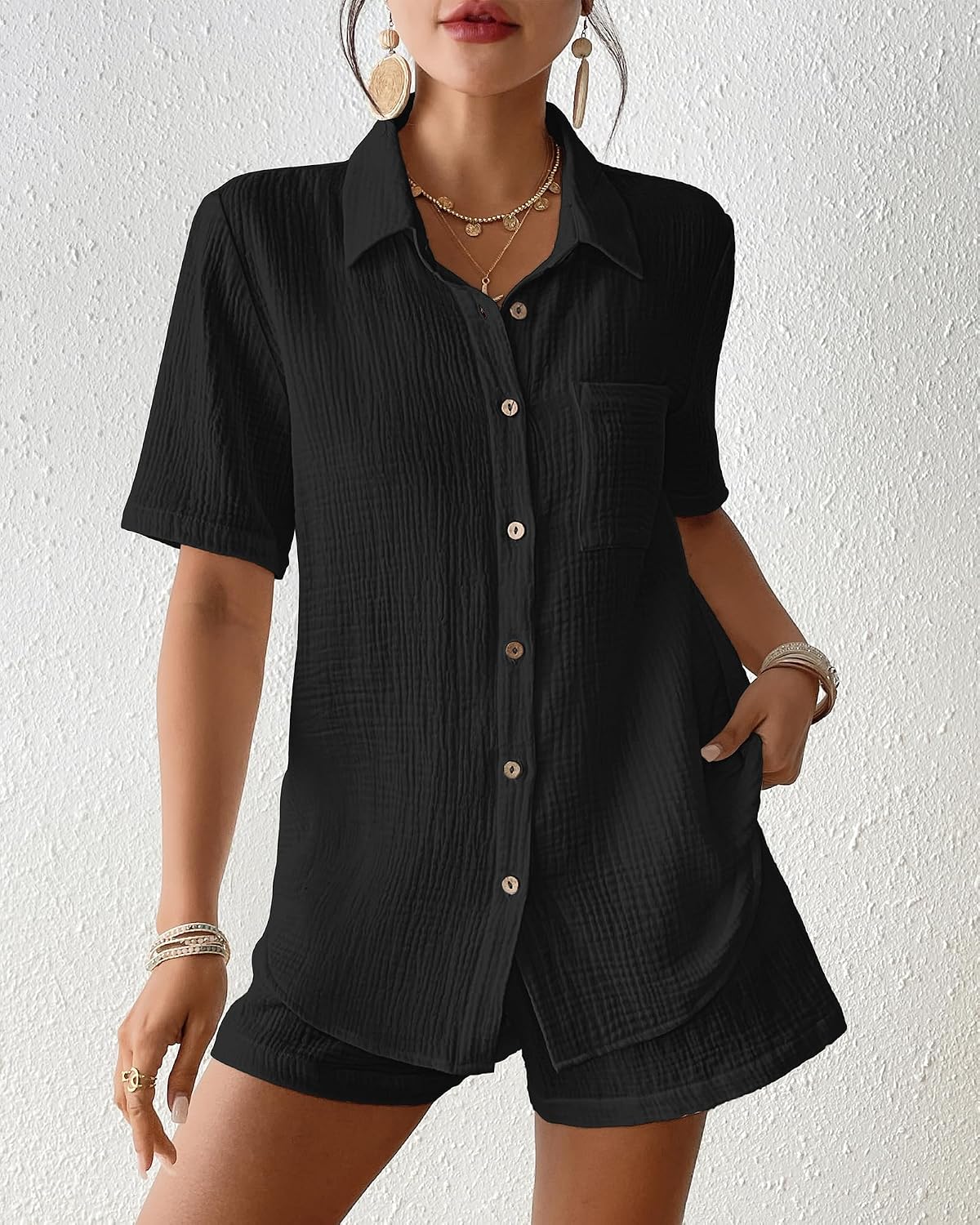 Bsubseach Womens 2 Piece Cover Ups Set Cotton Beach short sets Short Sleeve Button Down Shirt shorts Resort Wear Black XL