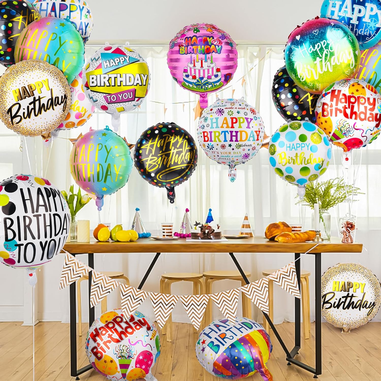 100 Pcs Happy Birthday Aluminum Foil Balloons for Birthday Party Decoration Supplies, 18 Inches Round Helium Floating Mylar Balloon (20 Patterns)