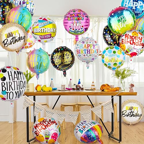 Miniatura 5 de 100 globos de papel de aluminio de feliz cumpleaños para suministros de decoración de fiestas de cumpleaños, globos redondos de Mylar flotantes de