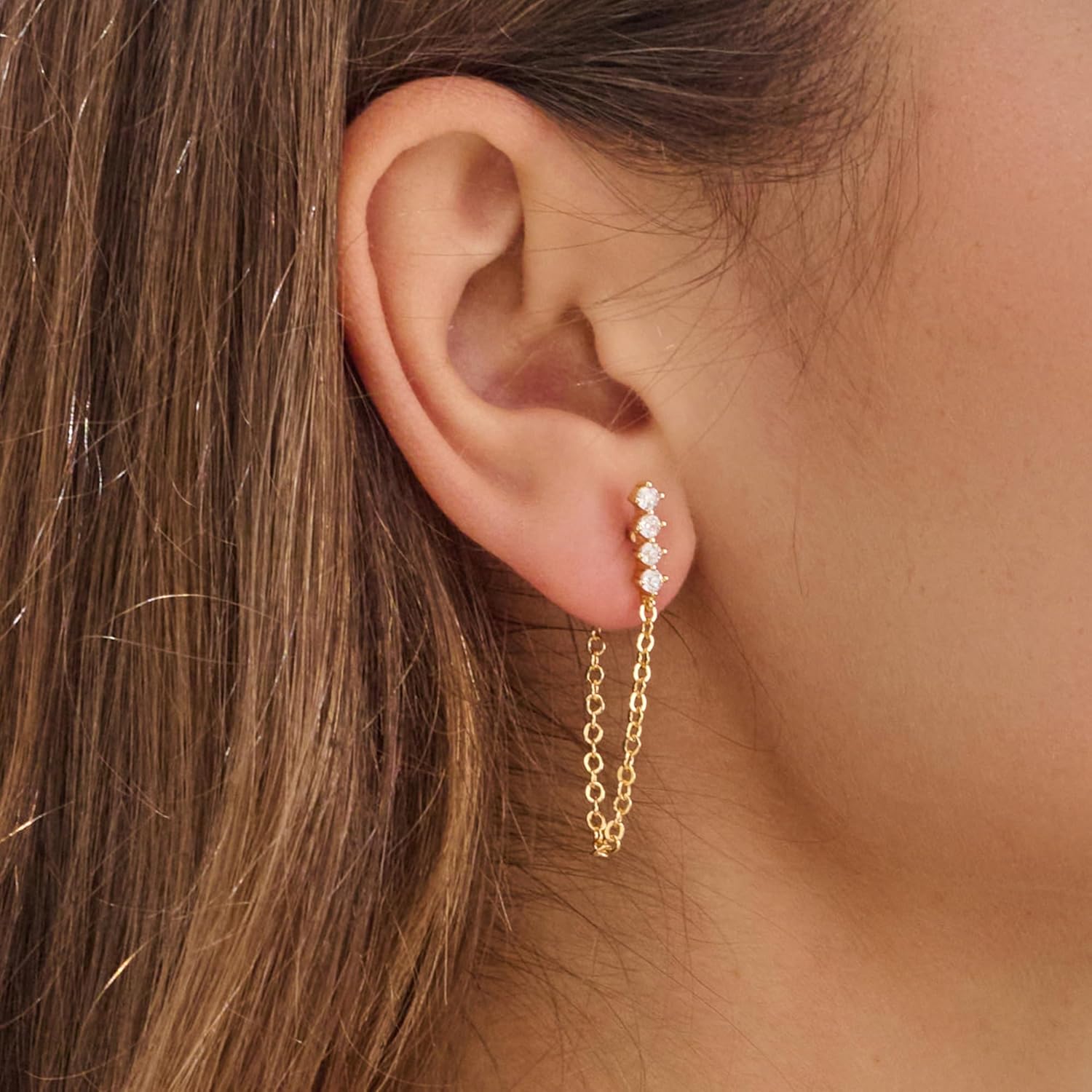 14K Gold Plated Dangle Chain Earrings Cubic Zirconia Long Tassel Chain Dainty Dangle Stud Earrings for Women Gold Jewelry Gift - Image 2