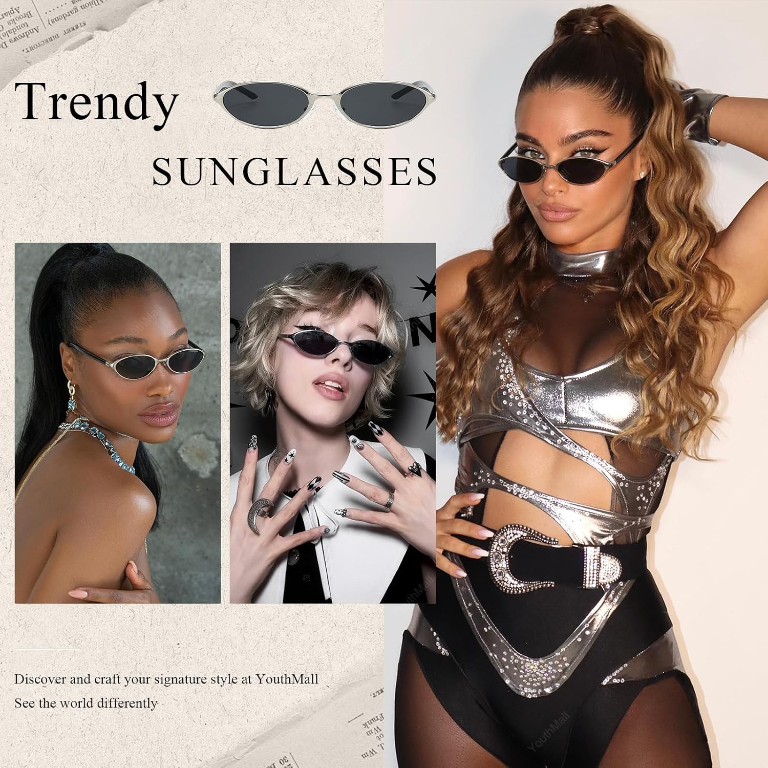 Y2K Trendy Oval Sunglasses for Womens 90s Cat Eye Narrow Sunnies image 2