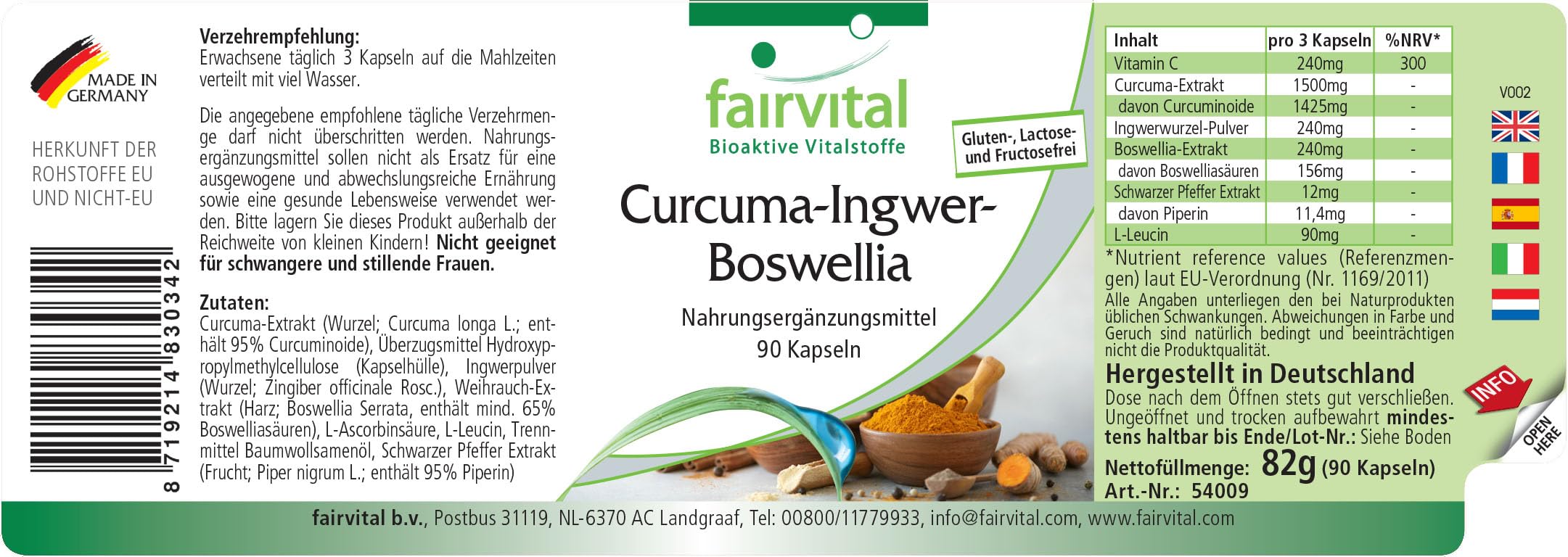 fairvital Curcuma, zenzero e boswellia con vitamina C, 90 capsule, vegane, con estratto di pepe nero