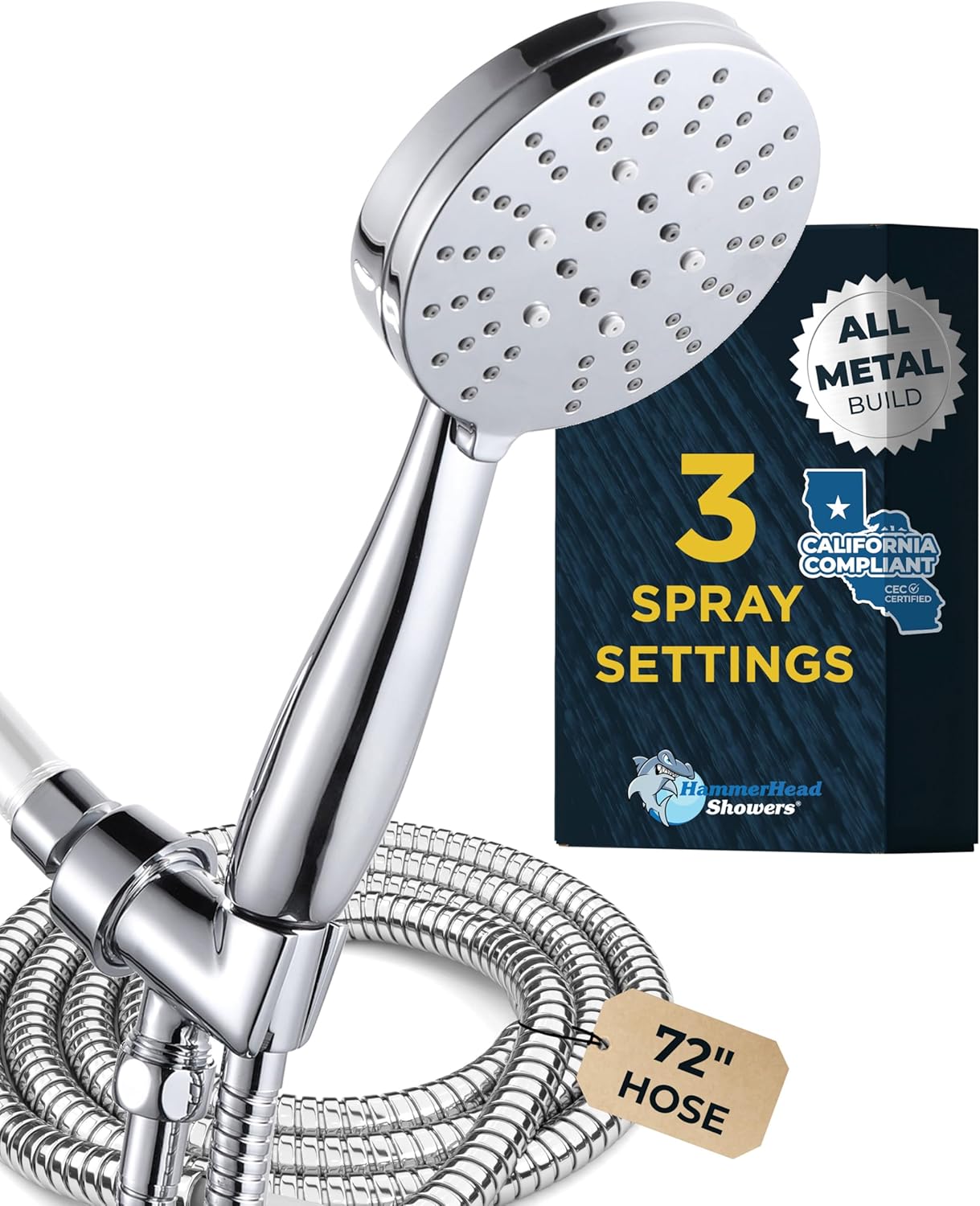 HammerHead Showers Solid Metal 3-Spray Handheld Shower Head with Long Hose and Holder - CHROME - WIDE, MASSAGE, and MIST Sprays - 1.8 GPM Low Flow Handheld Showerhead - Water Saving Shower Head