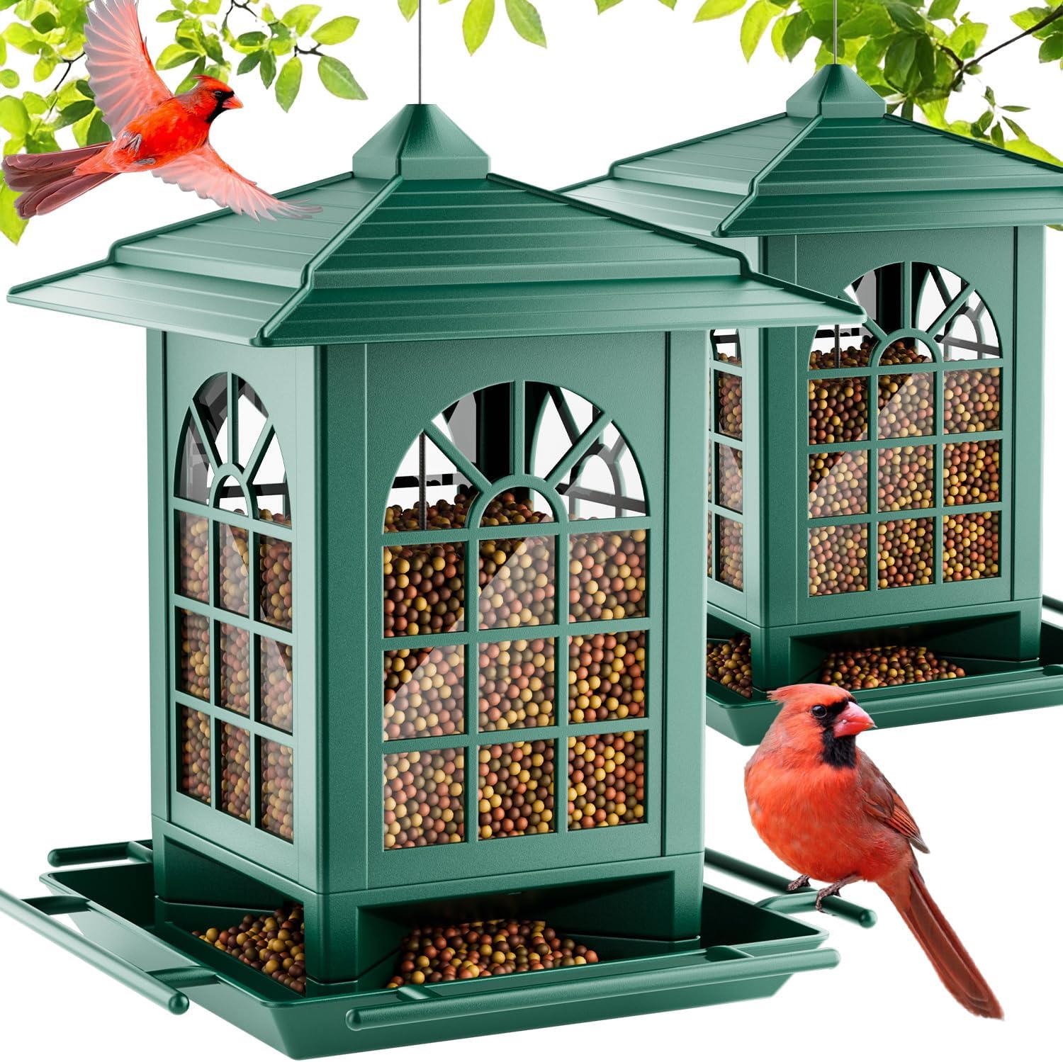 Birdream 2 Pack Bird Feeders for Outdoor Hanging, Assembly Required, 1-Min Easy Setup, Classic Courtyard Design, Attracting Cardinals Chickadees Goldfinches & Sparrows - Green