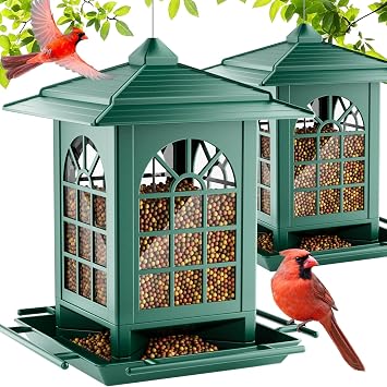 Birdream 2 Pack Bird Feeders for Outdoor Hanging, Assembly Required, 1-Min Easy Setup, Classic Courtyard Design, Attracting Cardinals Chickadees Goldfinches & Sparrows - Green