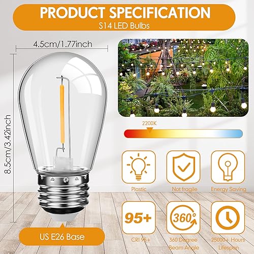 Miniatura 2 de Paquete de 60 bombillas LED de repuesto, S14, inastillables, impermeables, bombillas de repuesto de 1 W, bombillas LED para exteriores, bombillas