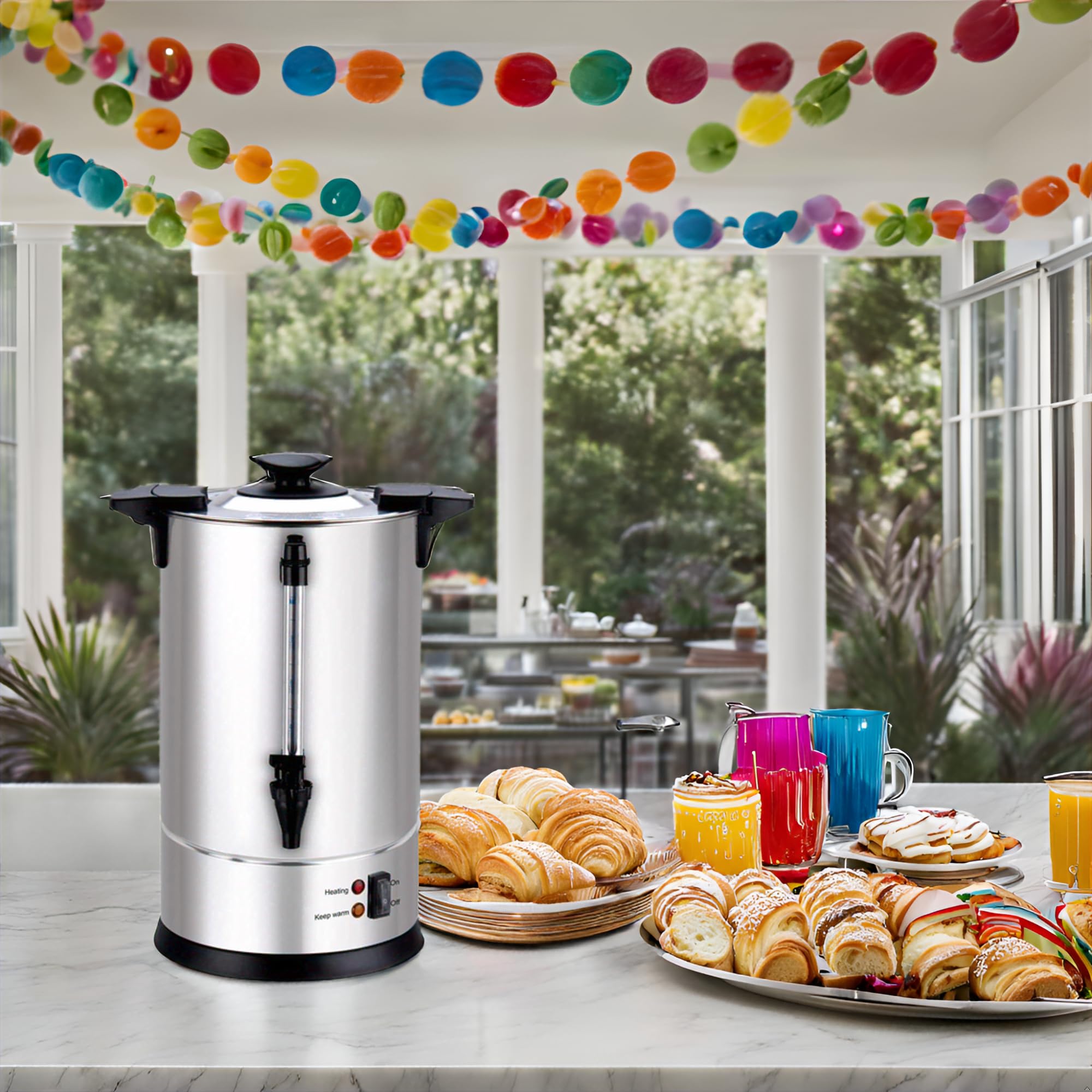 Percolateur à Café Inox 6L – 950W – Machine à Café Professionnelle 40 Tasses – Chauffe Rapide – Robinet Anti-Goutte – Température 90-92°C – Jauge de Niveau – Panier Inclus – Inox Simple Paroi