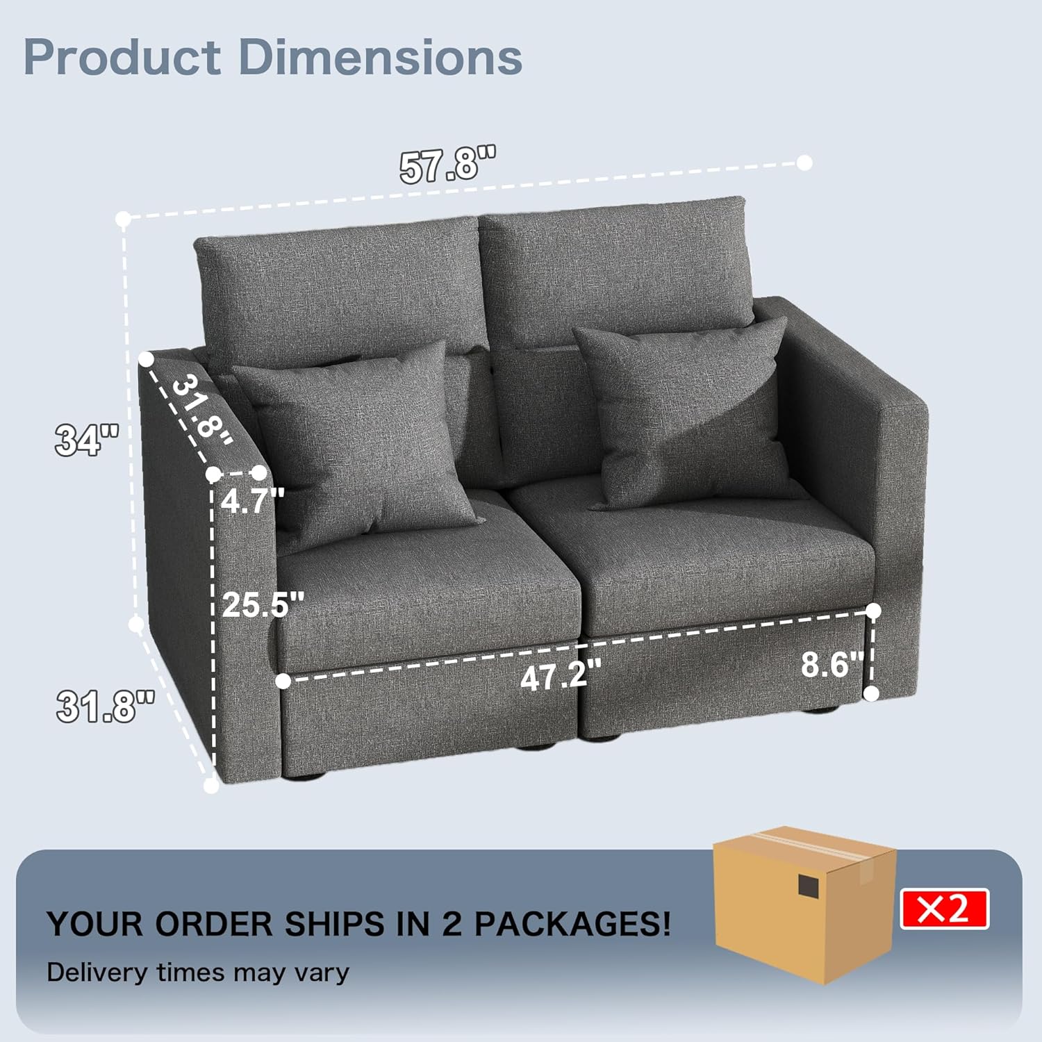 Grey Modular Sectional Couch: 57" Loveseat Sofa Set for Living Room, Modern Comfy Sofa with Ottoman, Linen Sectional Deep Seat Couch for Apartment