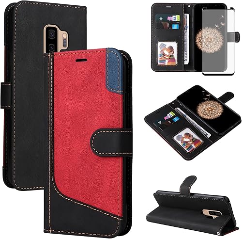 Asuwish Funda de teléfono para Samsung Galaxy S9 Plus con protector de pantalla de vidrio templado y cubierta de cuero con tapa para tarjeta de
