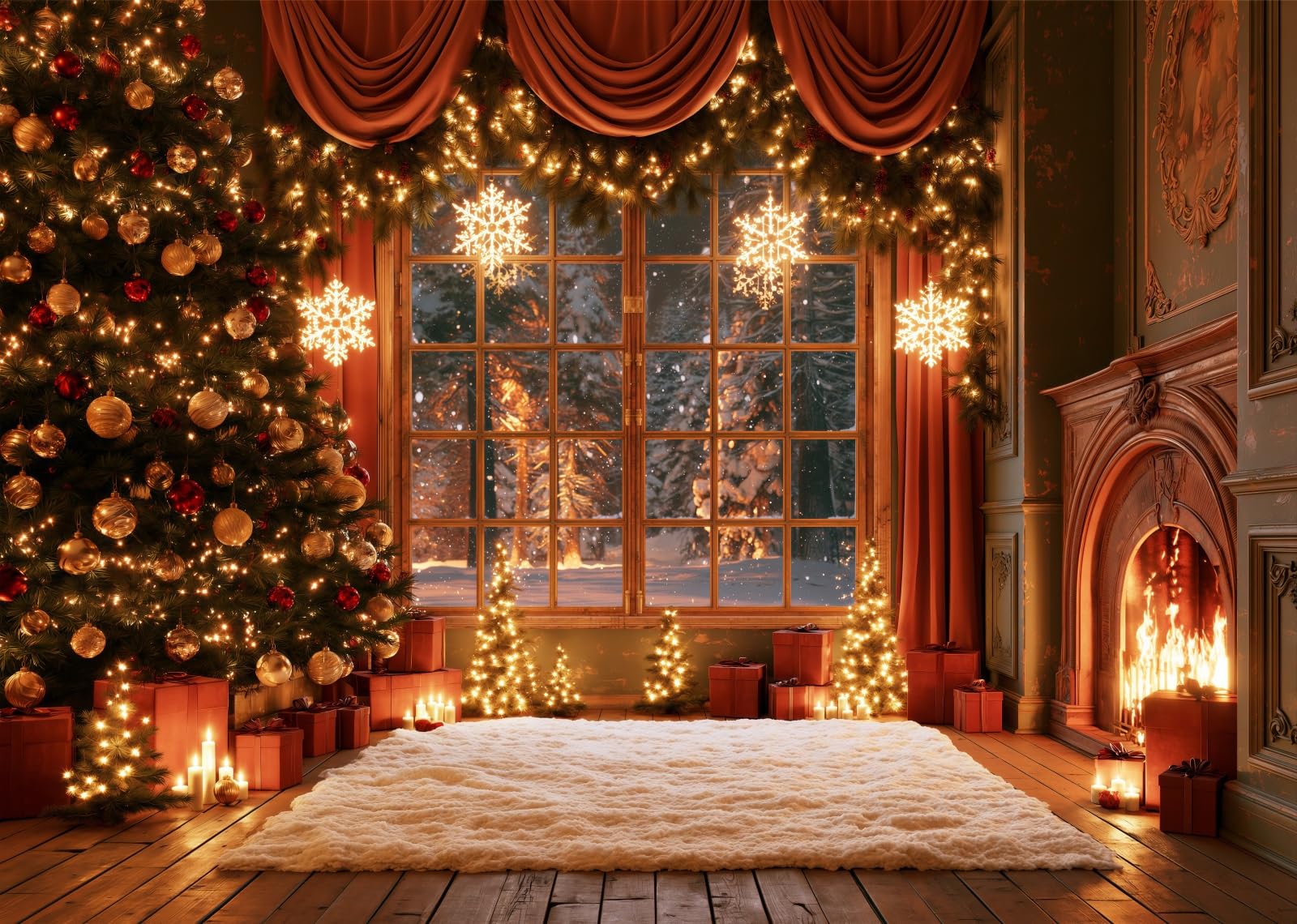 15x10FT Ventana Feliz Navidad Corona Fondo Fotográfico