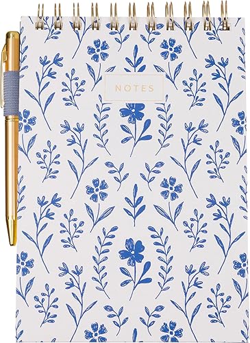 Eccolo - Cuaderno de espiral superior rayado, bloc de notas con tapa flexible floral azul con bolígrafo incluido (240 páginas perforadas), bloc de