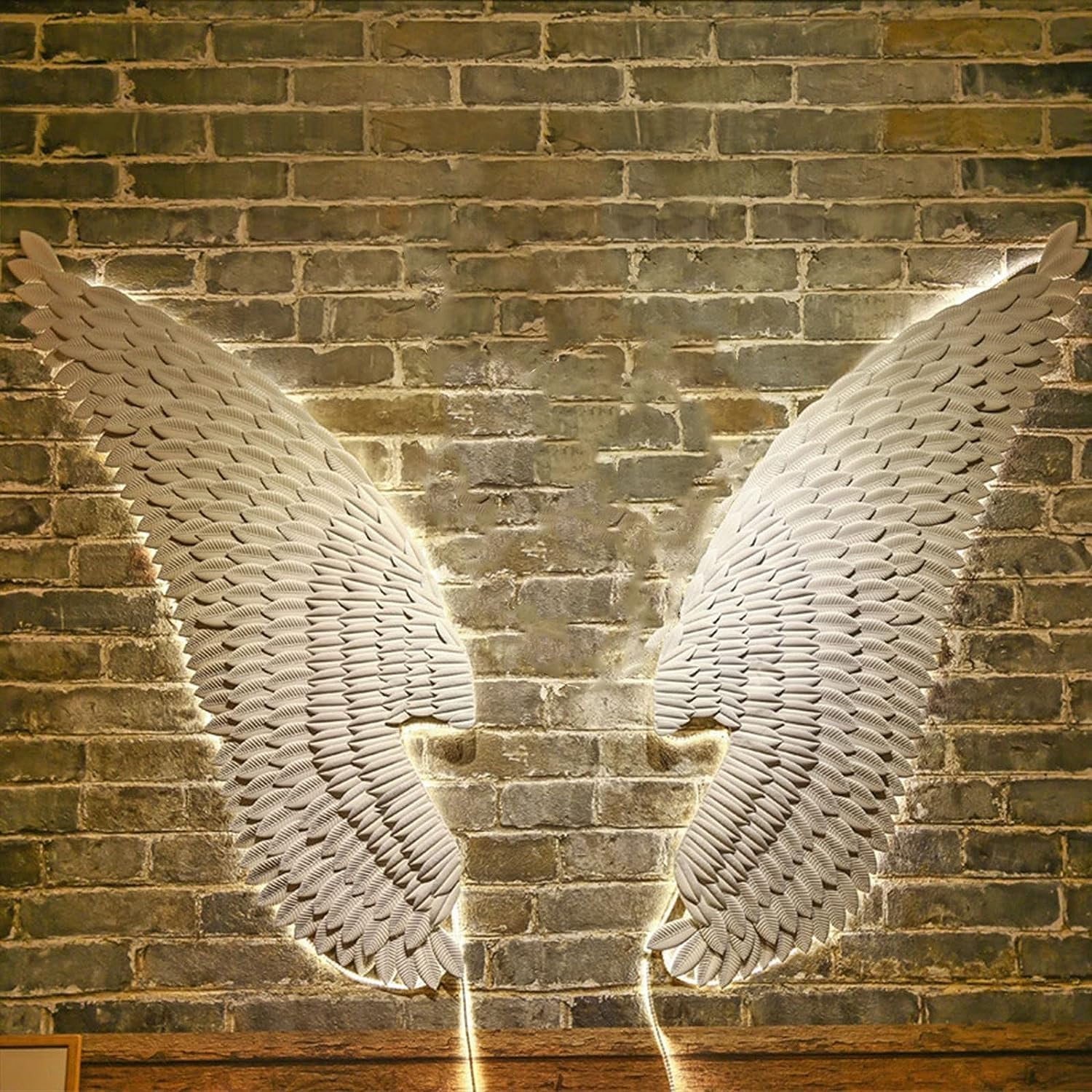 KERLIAngel Wings Wall Art Decor,3D Metal Angel Wings Wall Decor with LED Lights,Retro Hanging Metal Angel Wings Wall Décor, for Living Room Bedroom Office Bar (Color : White b, Size : 114 * 37cm)