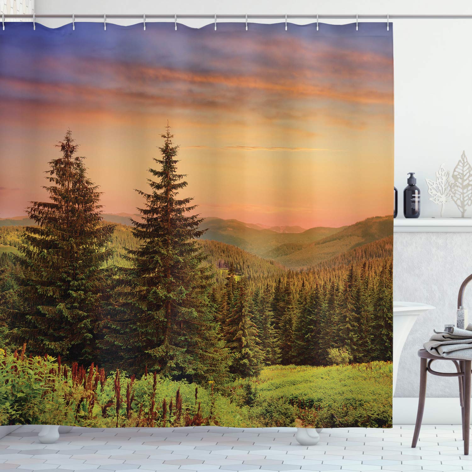 AmbesonneForest Shower Curtain, Heaven Like View with Fir Trees and Pines Spruce by The Sidehills at Dawn Outdoors Work of Art, Cloth Fabric Bathroom Decor Set with Hooks, 69" W x 84" L, Coral Lilac