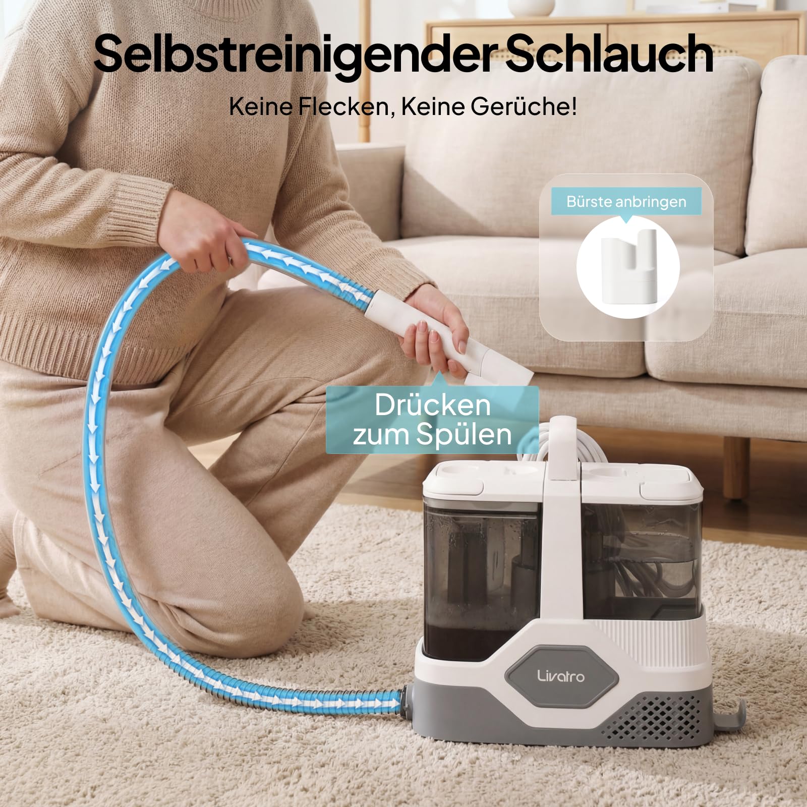 Livatro Nasssauger Polsterreiniger Gerät Teppichreiniger Waschsauger | 600W Tragbarer Waschsauger,16KPa Abnehmbarer 2,3L Tanks,Selbstreinigung,für Teppiche,Auto & Sofas,Matratze & Haustier