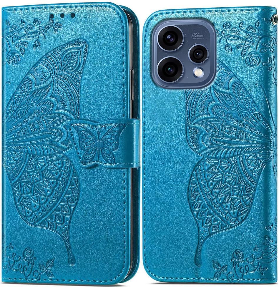 Image of ClickCase Butterfly Series for Oppo Reno 15 5G Leather Embossing Wallet Flip Case Kick Stand Magnetic Closure Flip Cover for Oppo Reno 15 5G (Sky Blue)