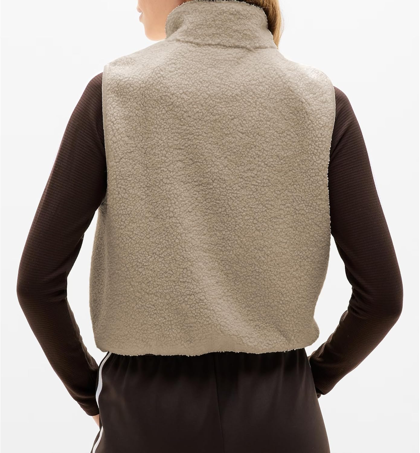 Songling Womens Fuzzy Fleece Vest High Neck Cropped Half Zip Up Warm Sherpa Vest Drawstring Pullover with Pockets - Image 2