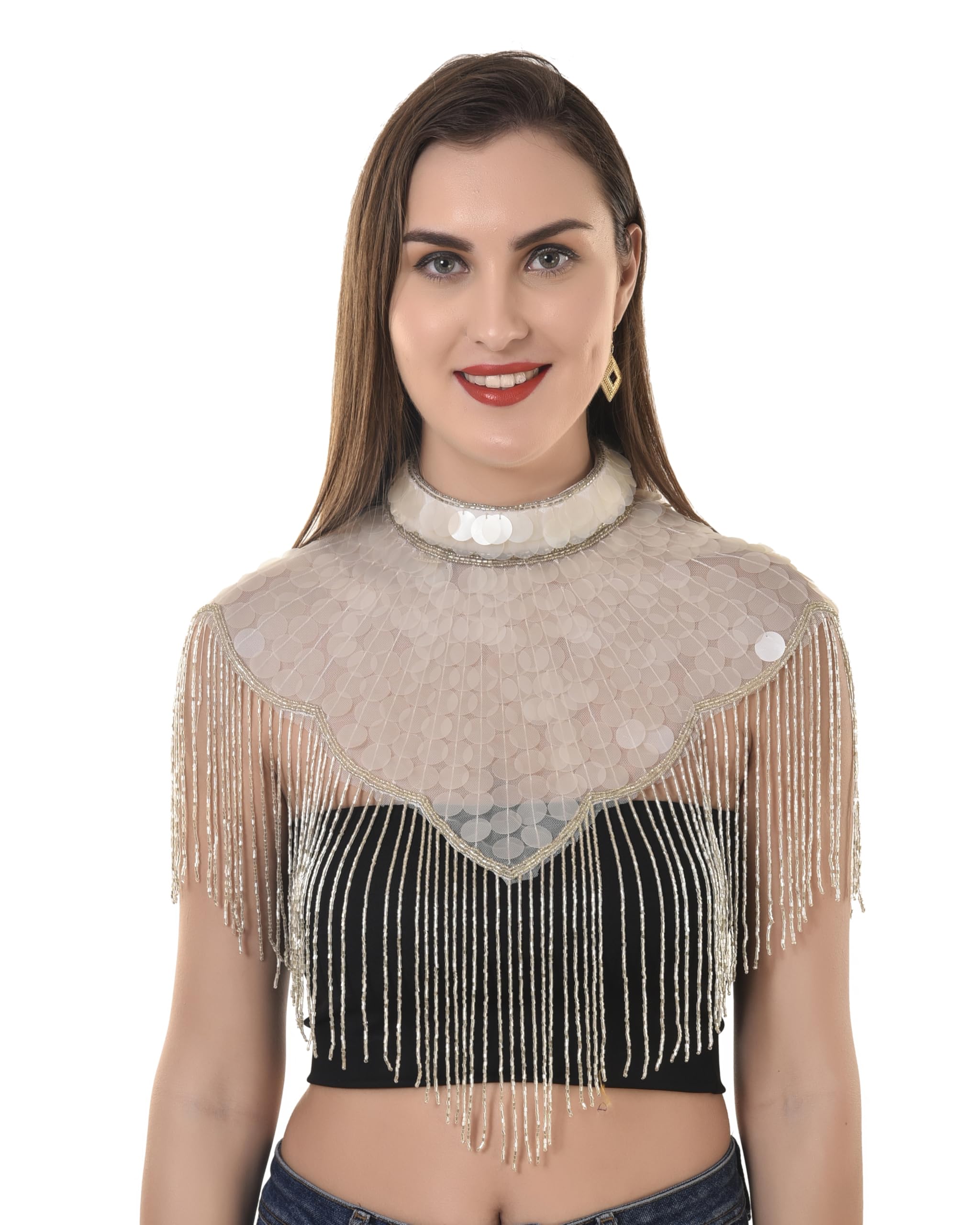Vintage Black Sequin Collar Shawl with Fringe Tassels, Gothic Victorian Style Neck Accessory-picture-31