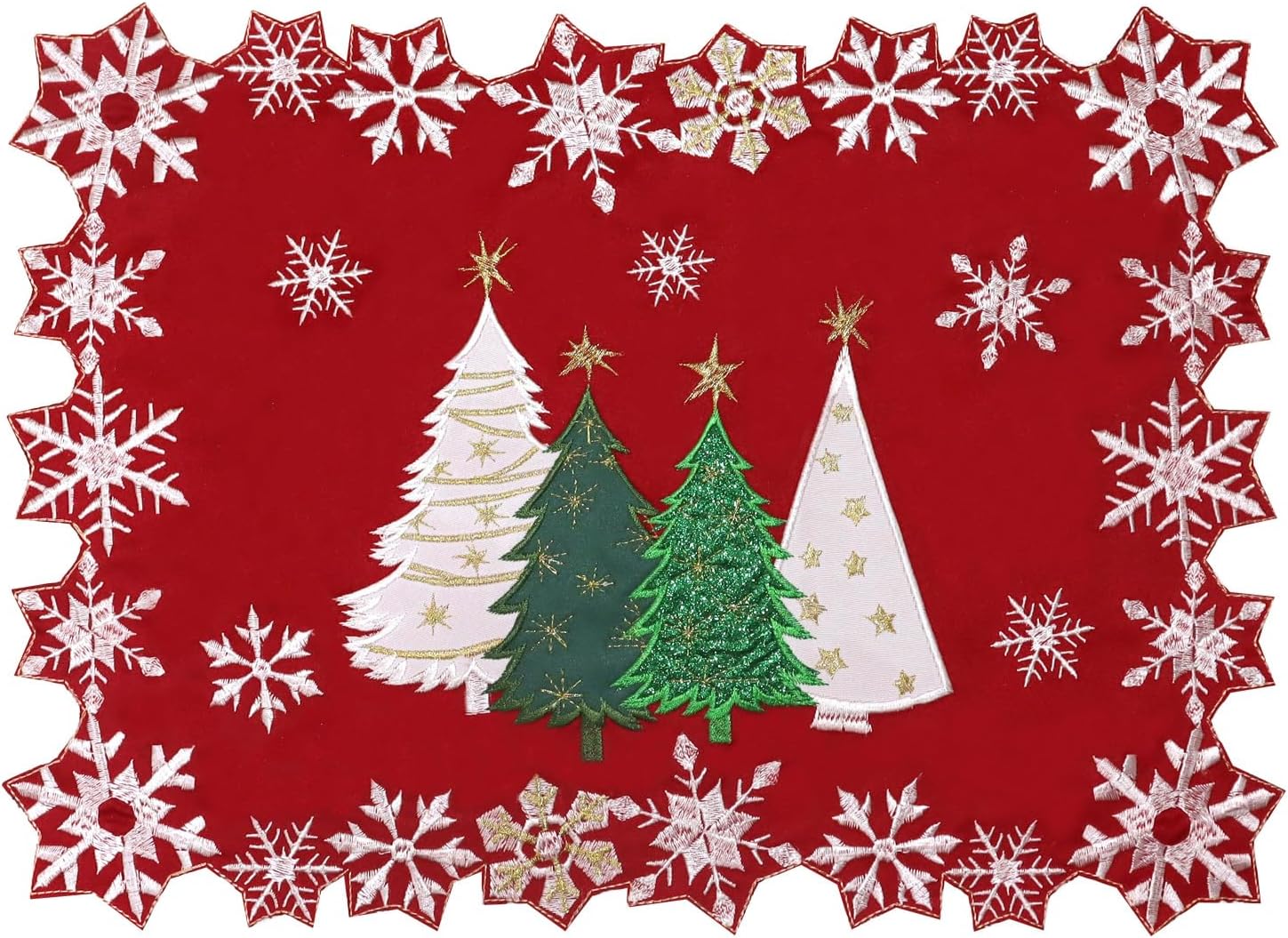 Christmas Tree Placemats Set of 4 Round Embroidered Red White Snowflakes Xmas Tree Runners Snow Decorations Coutout for Dinning Coffee Table Home Holiday Party Decor