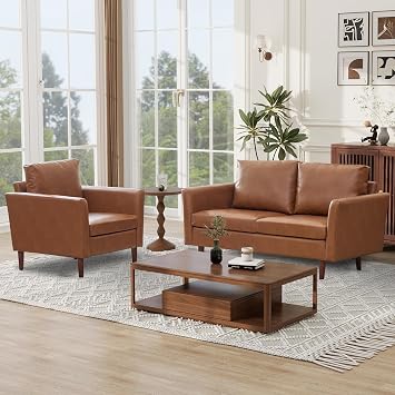 Tbfit Modern Couch for Living Room, Faux Leather Sofa, Sofa Set, Brown - 1
