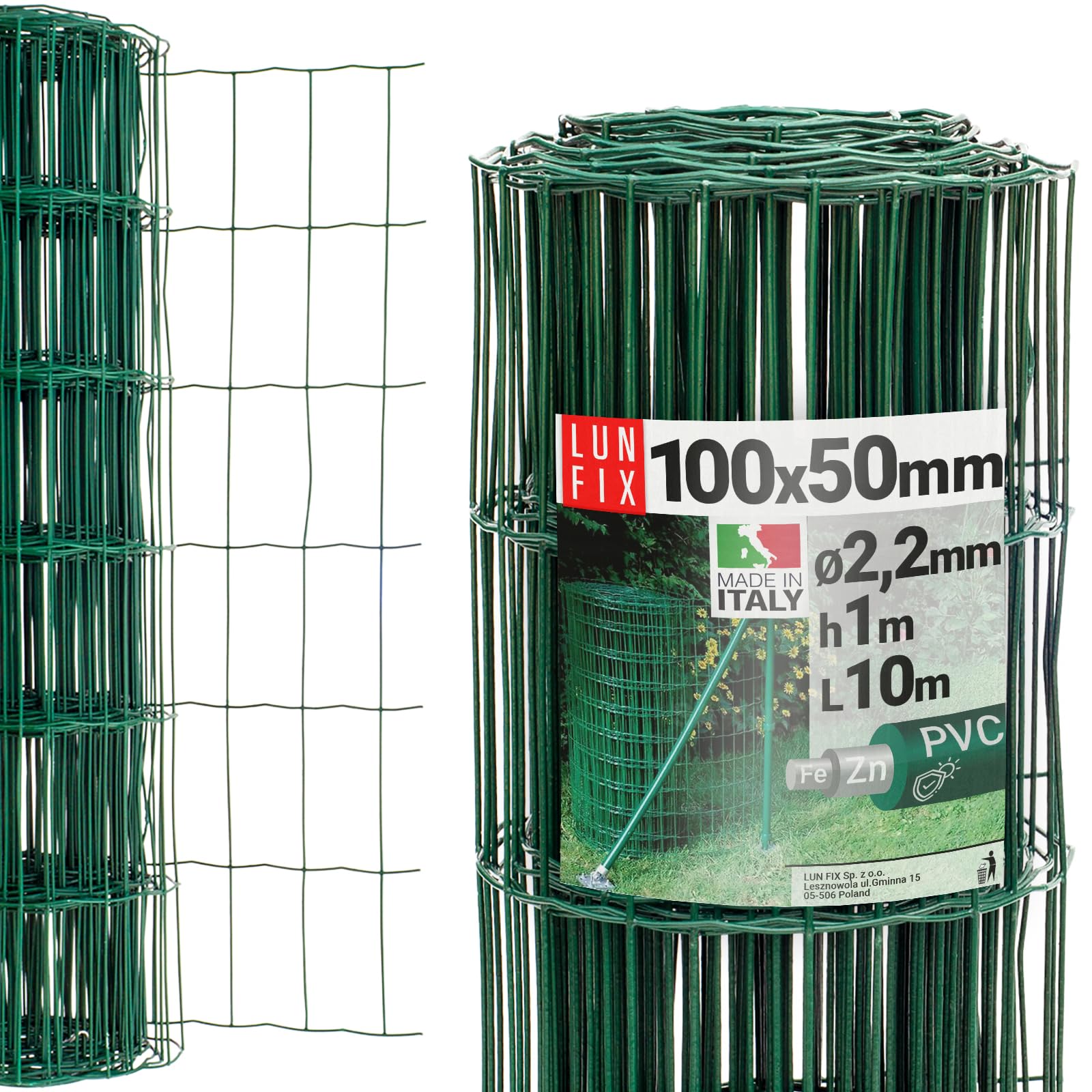 Rete Metallica per Recinzioni 100cm x 10m, Maglia 100 x 50 mm Ø 2.2 mm, Rete Elettrosaldata Zincata e PVC Verde, Plastica Resistente per Esterni, Recinzione Giardino Esterno e per Animali, Lun Fix