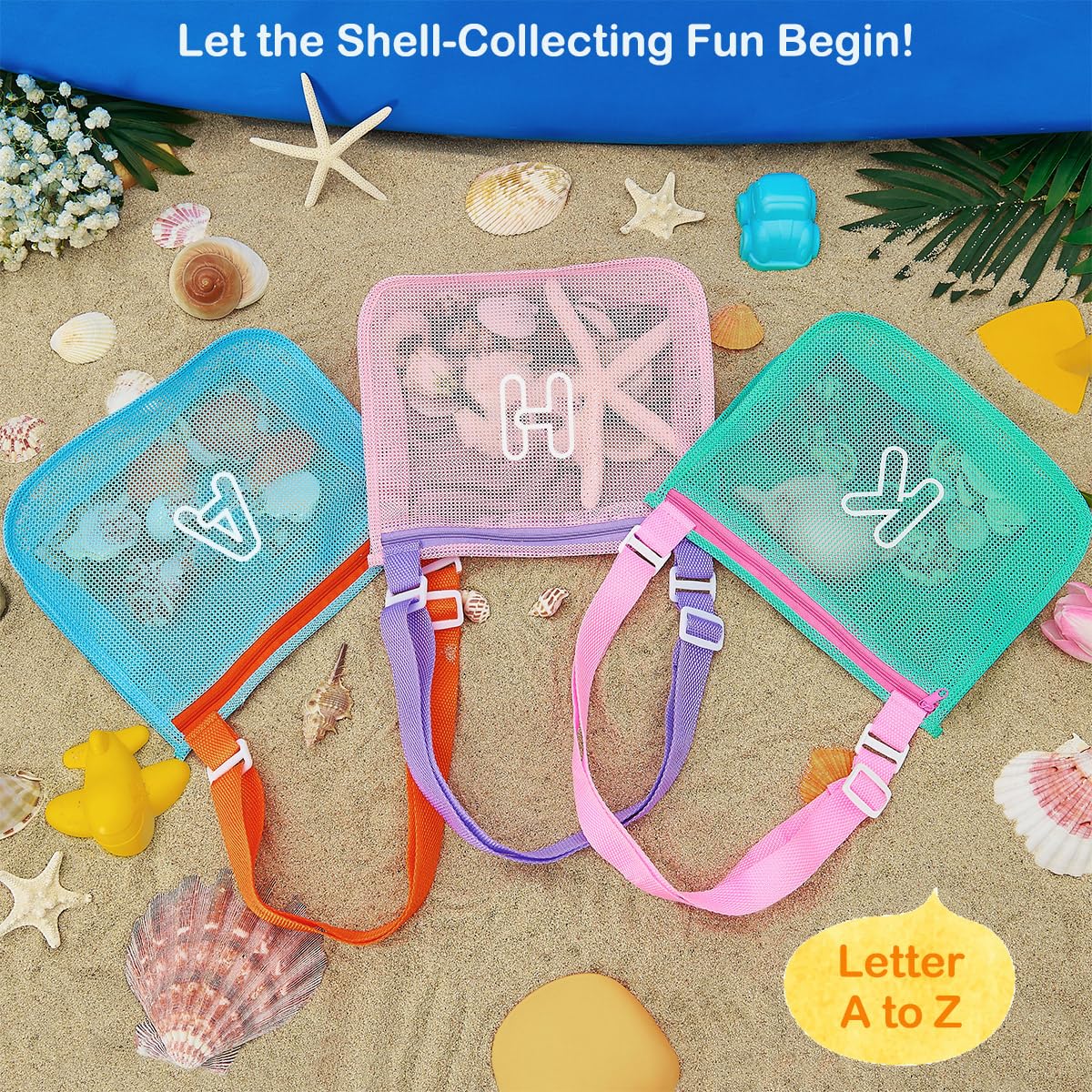 3Pcs Alphabet Printed Seashell Bags, Lightweight & Foldable Kids Beach Toy Mesh Bags with Adjustable Straps, Portable for Pool and Beach Essentials-G