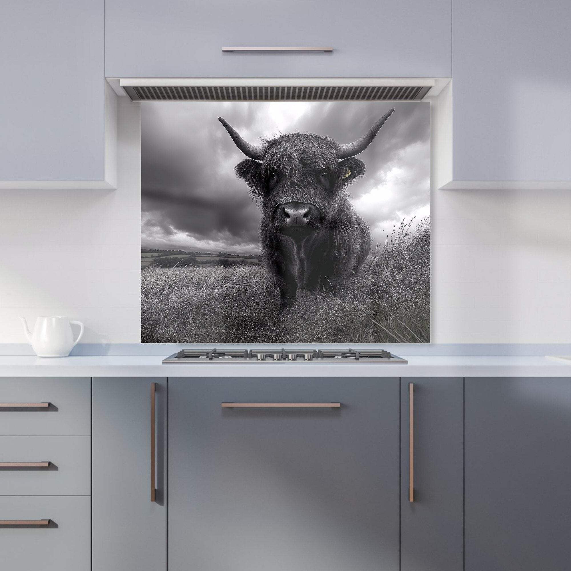 Warren Reed Black/White - Designer And Highland Cow Kitchen Splashback - W900mm X H750mm