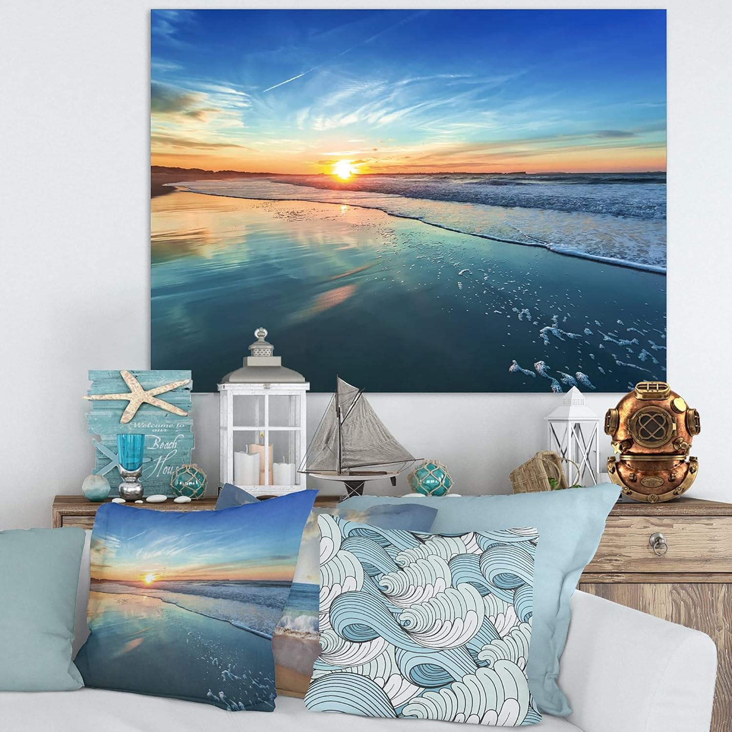 DESIGN ART Blue Seashore with Distant Sunset - Seashore Canvas Wall Art 46 in. Wide x 36 in. high