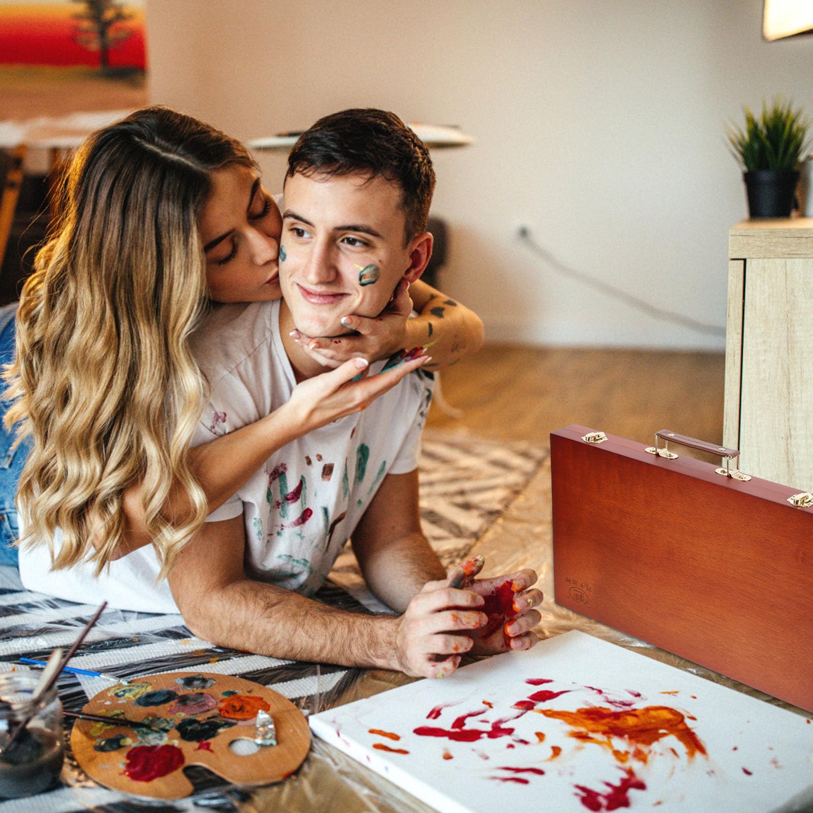 Operitacx Boîte de Rangement en Bois Portable pour Matériel de Dessin Poignée Solide, Caisse à Peinture Robuste et Multifonctionnelle pour Artistes