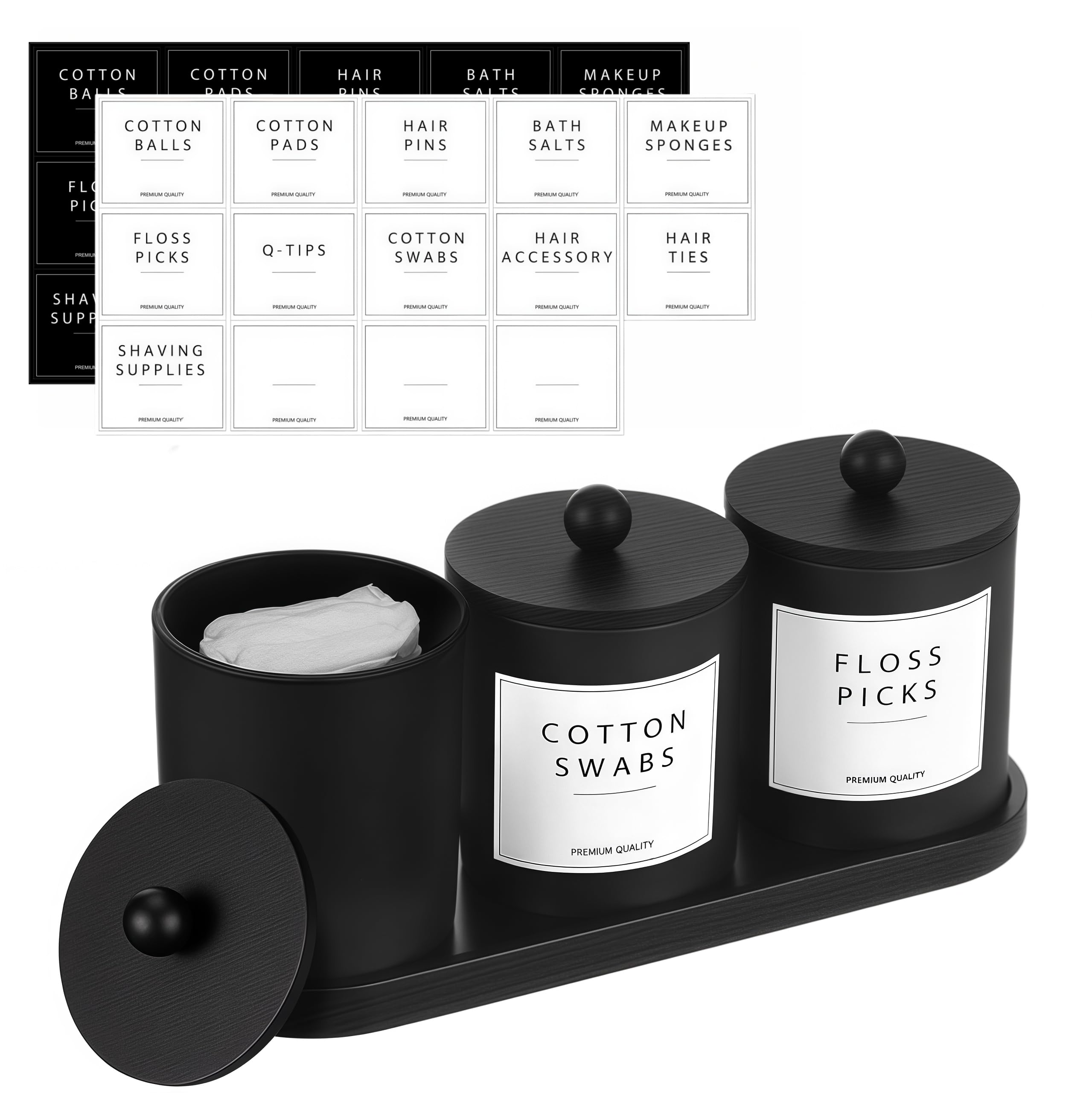 BIKALAN Glass Cotton Bud Holder, Bathroom Organizer Set with Tray, Storage Organizer with 28 Labels, Cotton Pad Holder for Cotton Ball, Floss, Hair Clips, Qtip, Bathroom Containers Dispenser 3 PACK