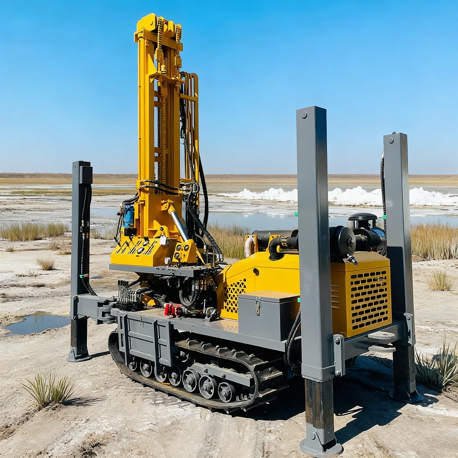 Rugged tracked hydraulic automatic dual power water air well drilling rig with customizable drill pipe configurations and drill bit for irrigation systems rural wells&geothermal drilling operations