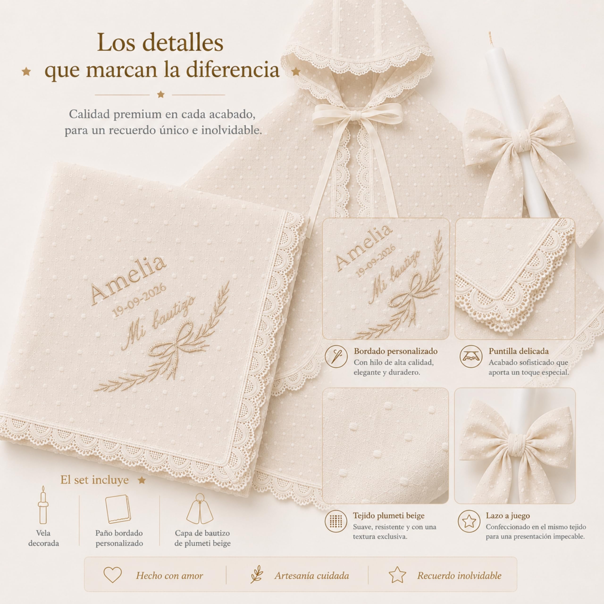 Nenel | Kit de Bautizo Personalizado con Capa Bautismal, Vela y Paño Bordado Plumeti | 6, 12 y 18 Meses | Regalo Original Bautismo con Nombre y Fecha Bordados