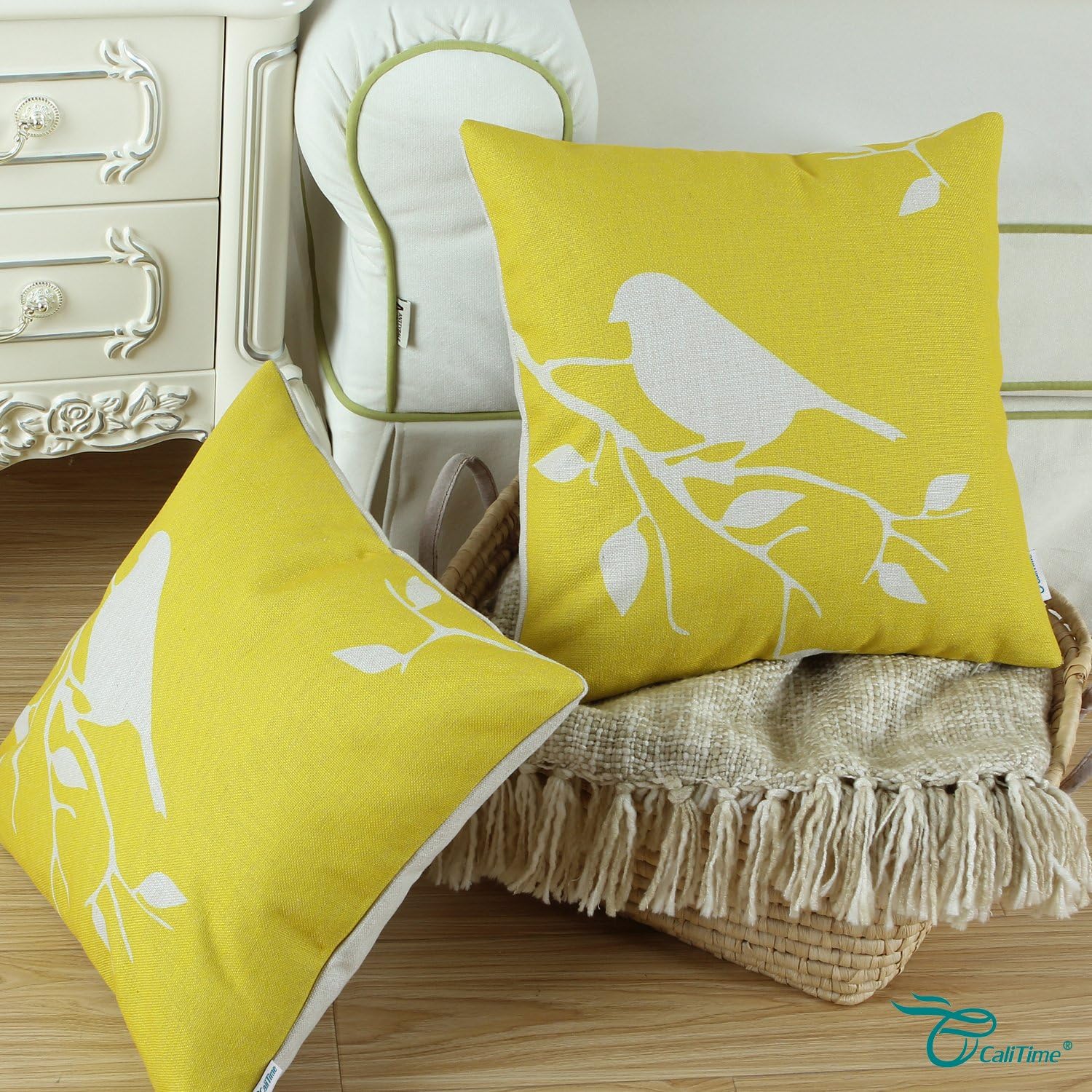 CaliTime Canvas Throw Pillow Cover Case for Couch Sofa Home Decoration Cute Bird Tree Branches Silhouette 18 X 18 Inches Vibrant Yellow