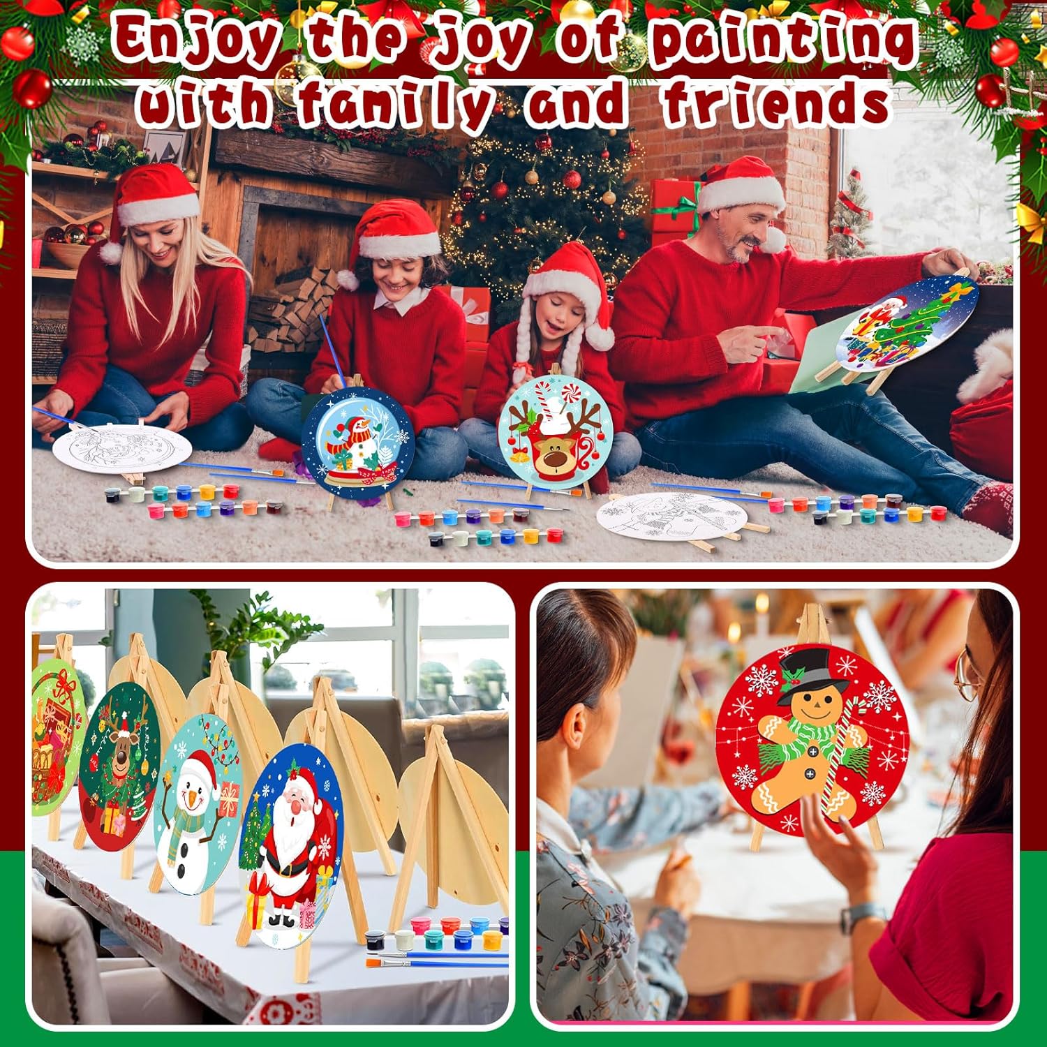 Supervitae 72 Piece Round Pre Drawn Canvas Kit Paint and Sip Kit for Adults Painting Party Pre Printed Canvas DIY with with Pictures Paints Easels Brushes for Party Gifts(Christmas,8")