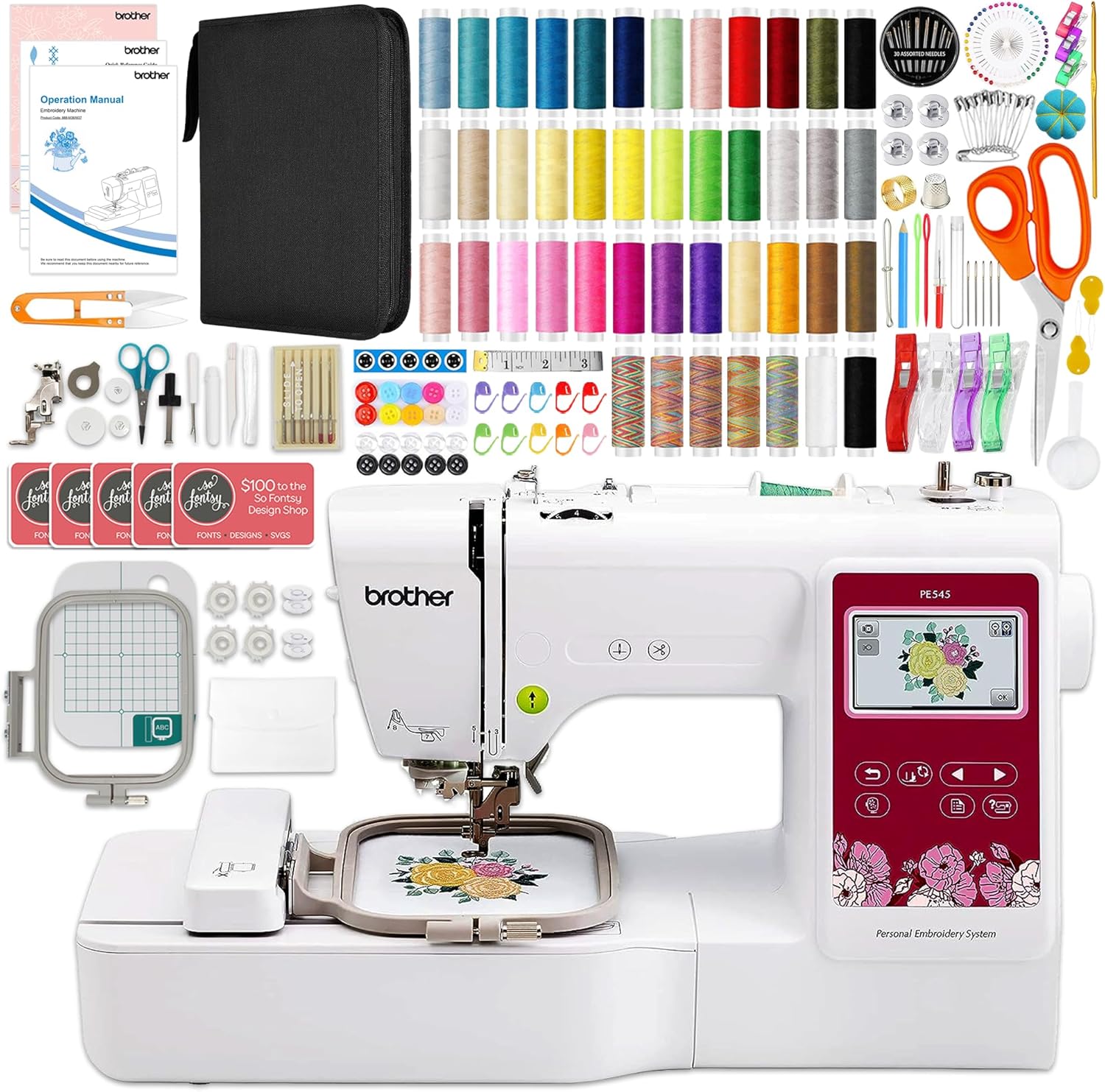 Brother PE545 4" x 4" Embroidery Machine with 200+ Accessories Bundle