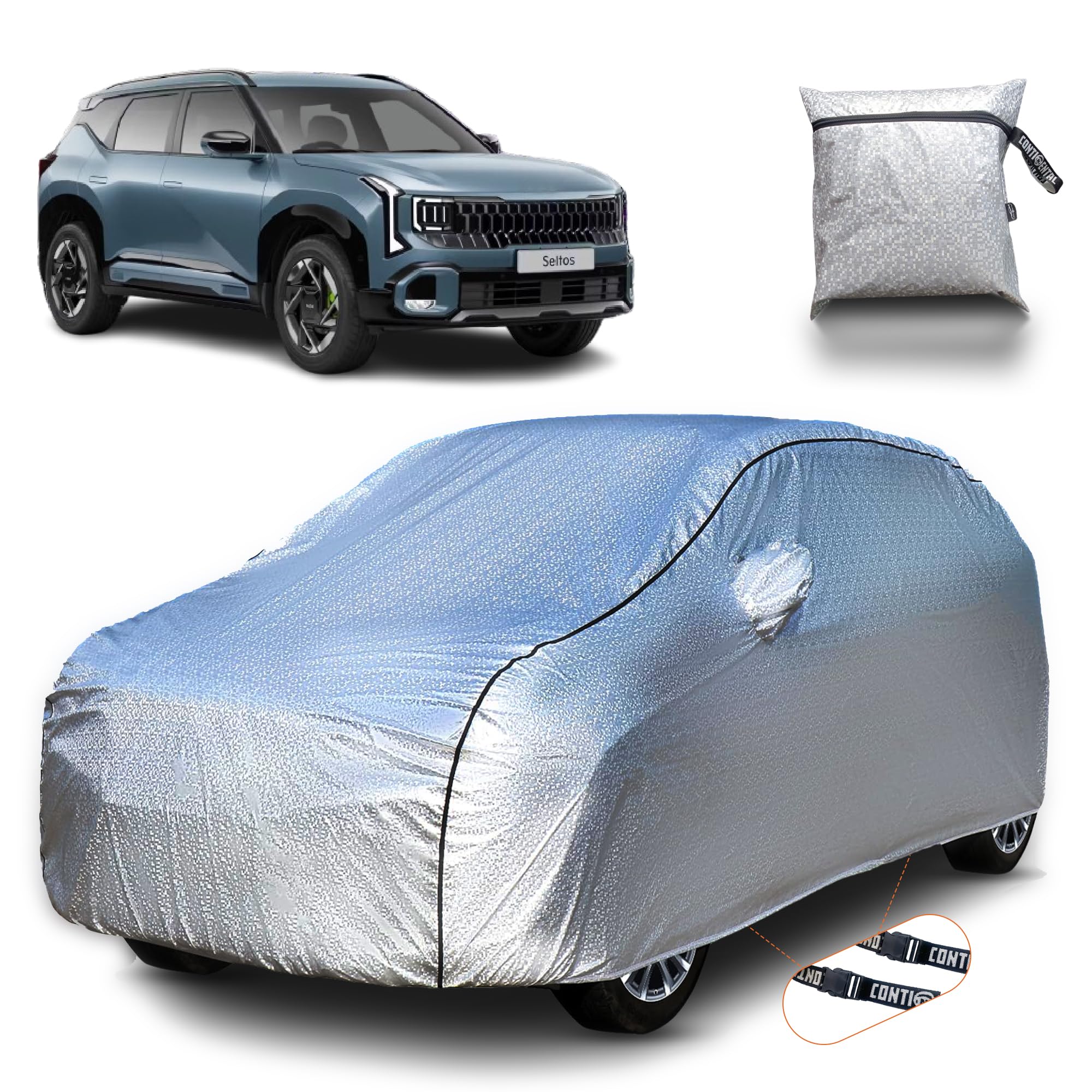 Continental [SilverGuard] Dual Belts Extra Protection Car Cover for New Seltos 2026 Model, Build with Triple Stitched,Waterproof & Dustproof Car Cover for Seltos (Metallic Silver).-image-40