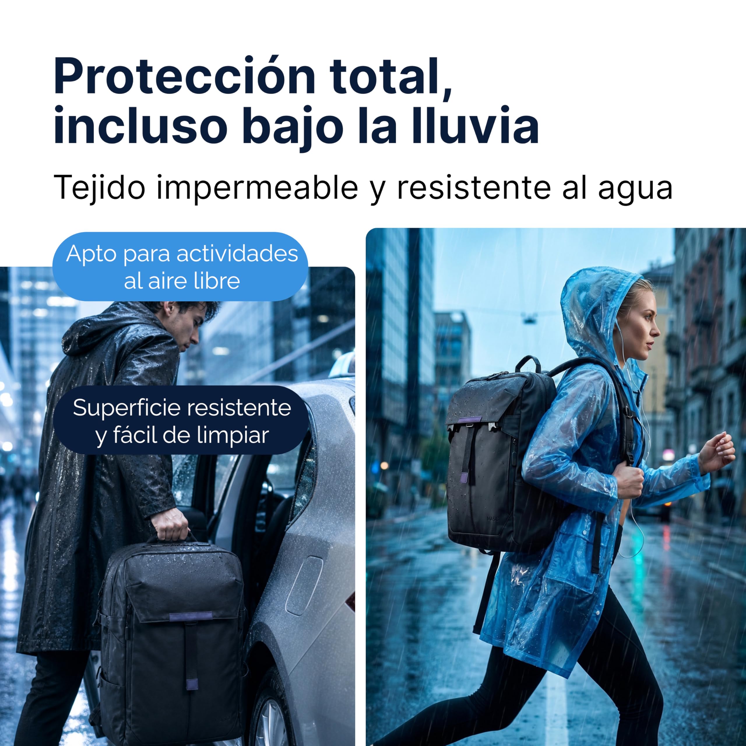 MASC Mochila de Viaje Impermeable y Ergonómica con Múltiples Compartimentos, 27L, ideal como Mochila de Trabajo con espacio para un Portátil de 18 pulgadas, Elegante para la Oficina