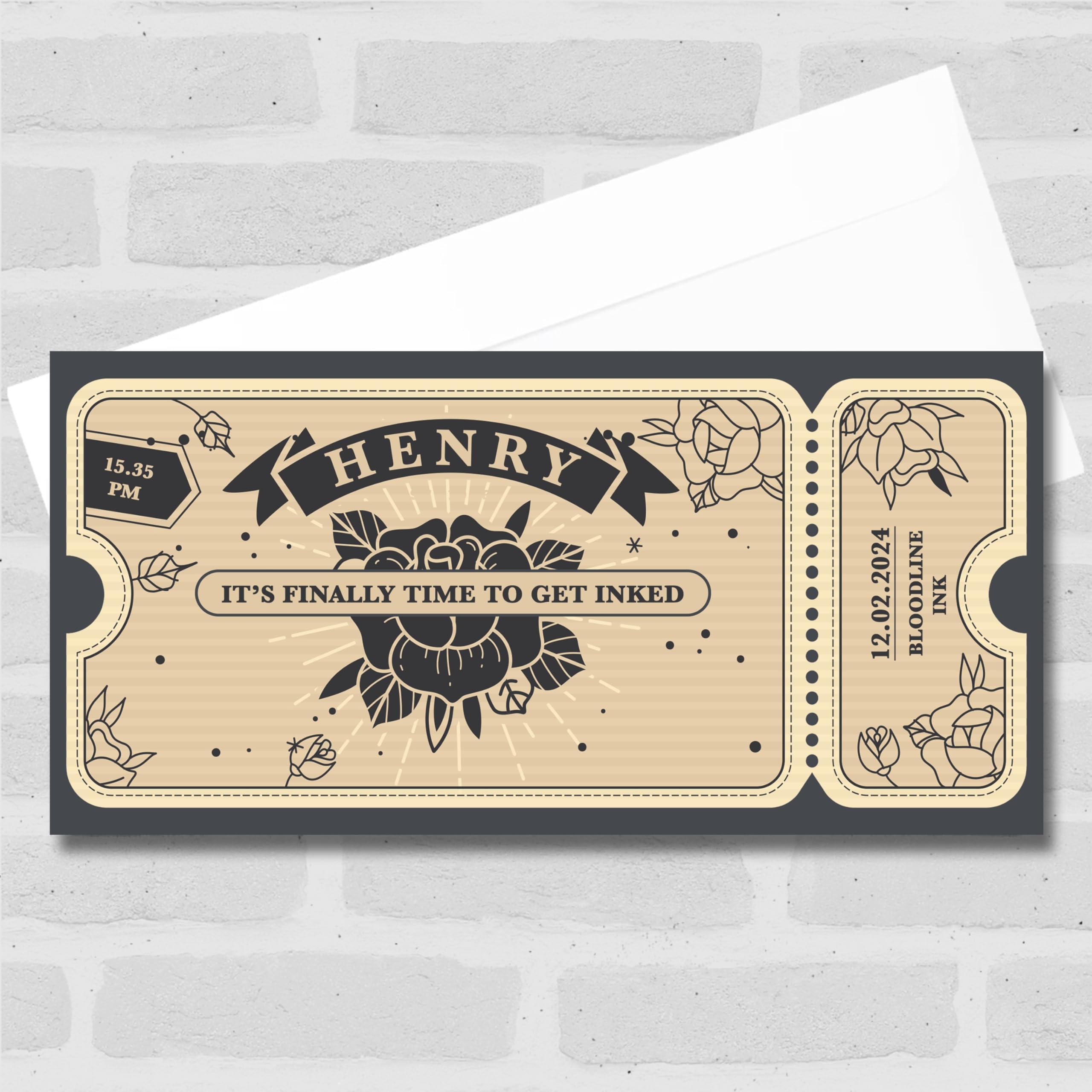 The Card Zoo Beige Black Rose Tattoo Any Occasion Personalised Surprise Ticket Gift Voucher