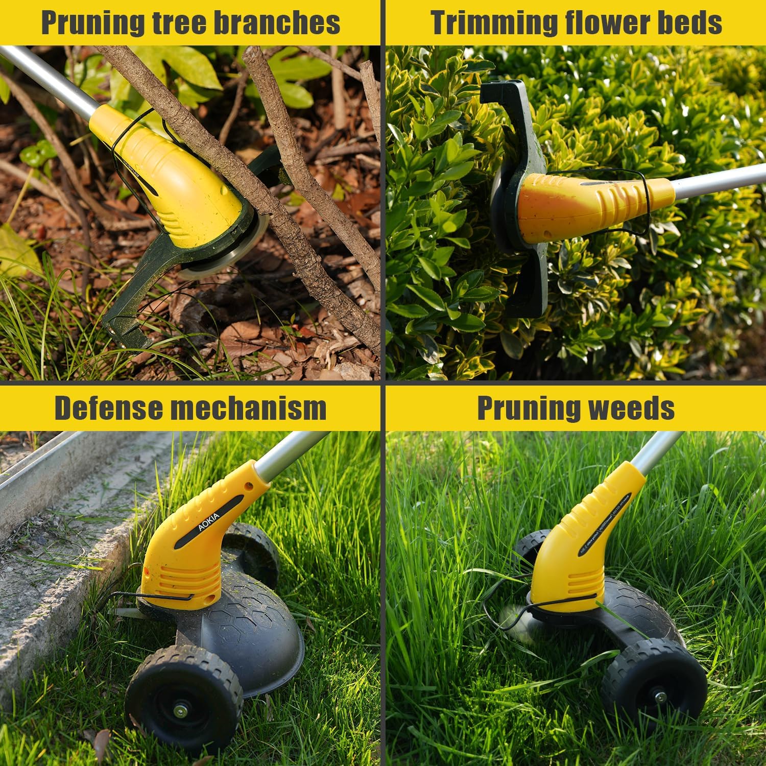 Various applications of the weed wacker including pruning tree branches, trimming flower beds, using the defense mechanism, and pruning weeds.